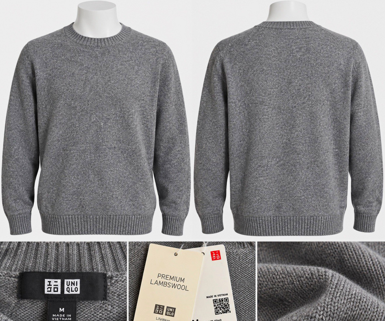 UNIQLO Premium Lambswool Sweater Men\'s Medium Gray Crewneck 100% Wool NWT