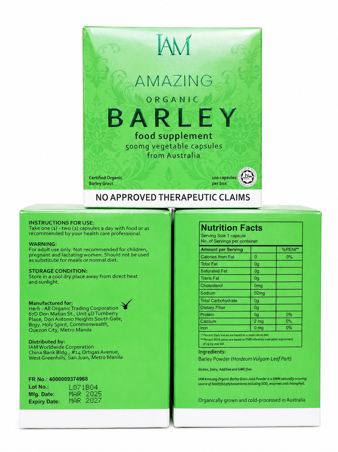 IAM Amazing Pure Organic Barley Capsules (100 capsules/box) 3 BOXES Authentic 