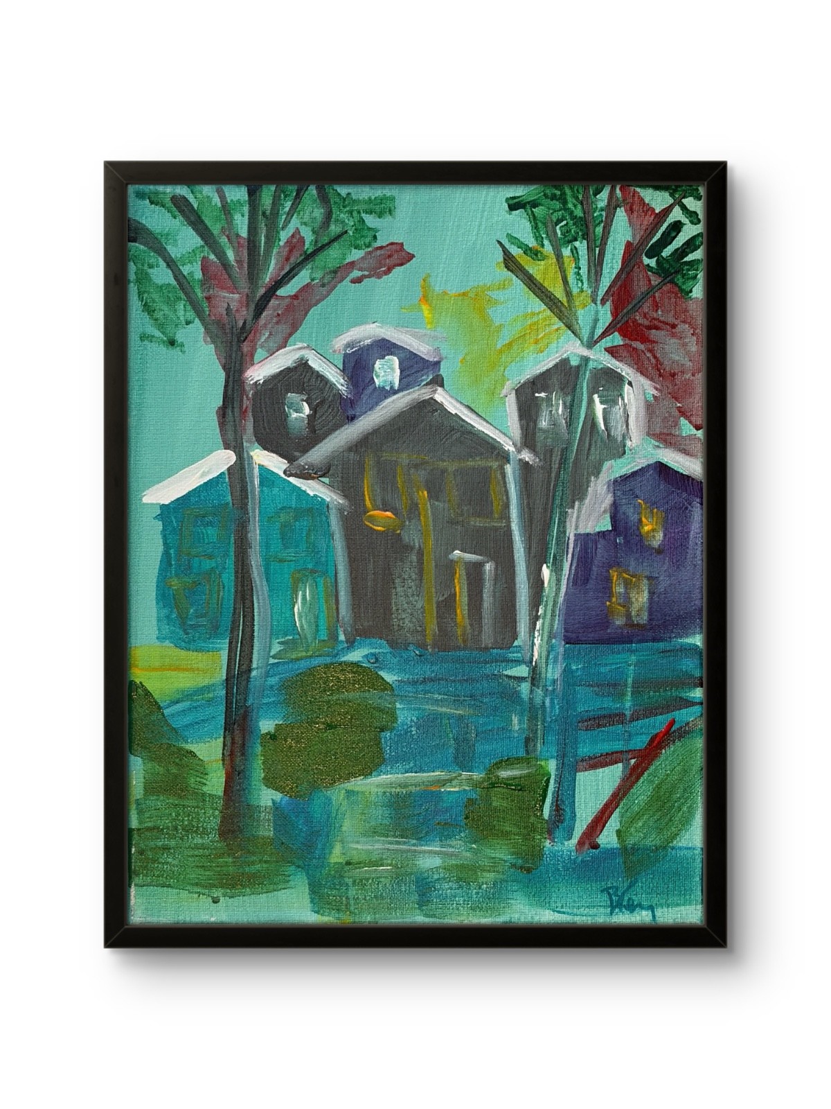 B.Perry Original 14x11 Expressionist Neighborhood Houses Trees Painting Signed