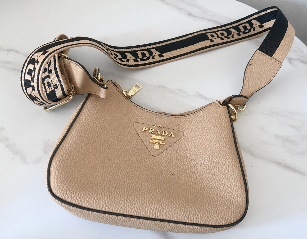 Prada Logo Strap Shoulder Bag Beige Taupe Gold Tone Hardware Pre-Owned