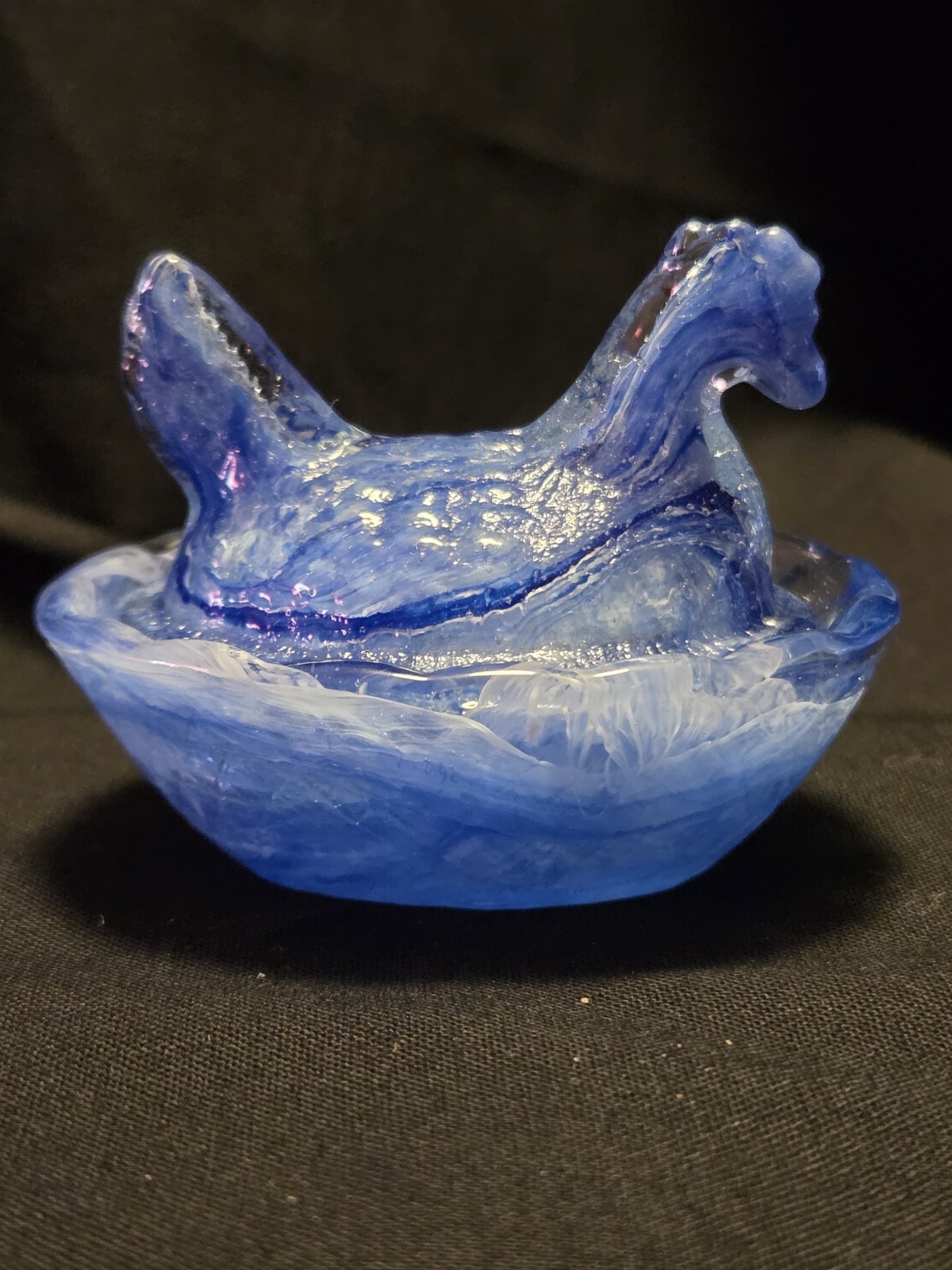Vintage Mini Cobalt Blue Slag Glass Hen on Nest Salt Cellar 2.5 \