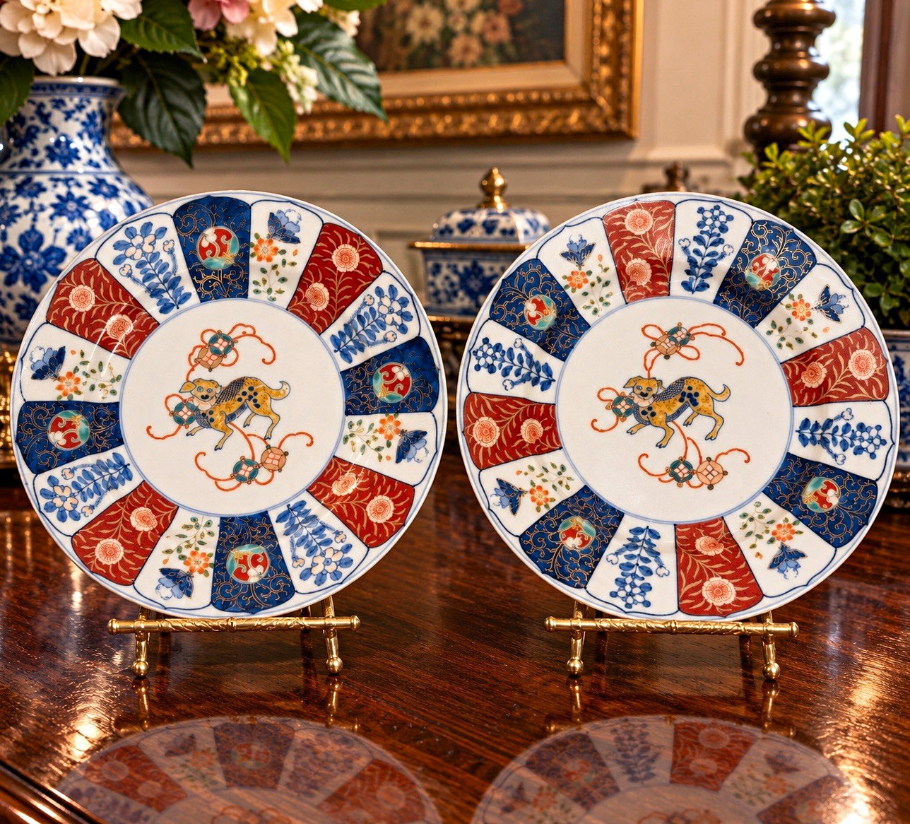 Rare Antique Japanese Arita Imari Meiji 9.75” Shishi Lion Porcelain Plates Pair