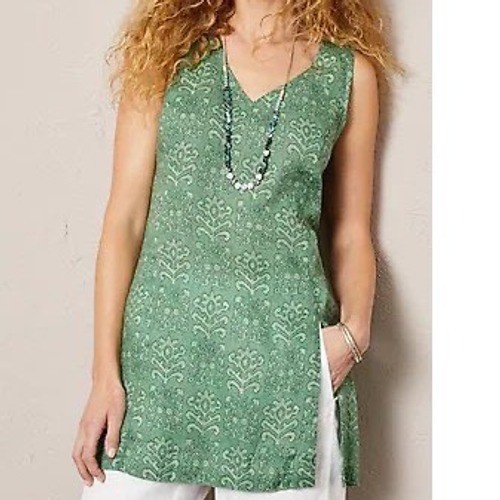 Pure Jill Elements Green Damask Floral 100% Linen V-Neck Tunic Top Small