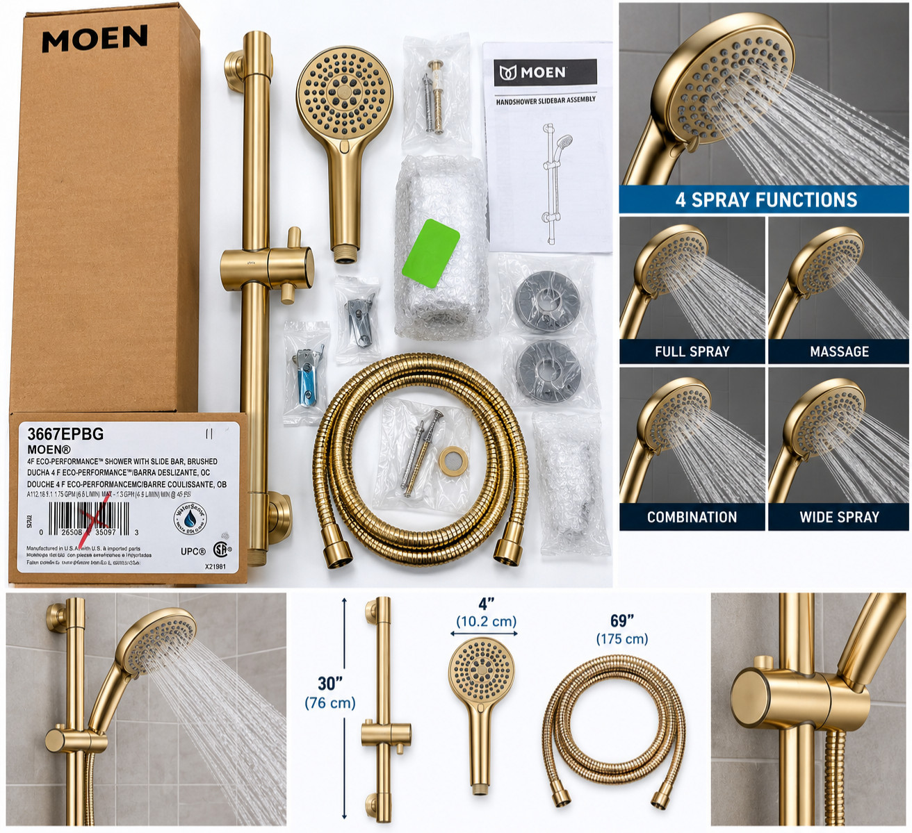 Mo*en 3667EPBG 4-Function Handheld Shower Slide Bar Kit Brushed Gold WaterSense