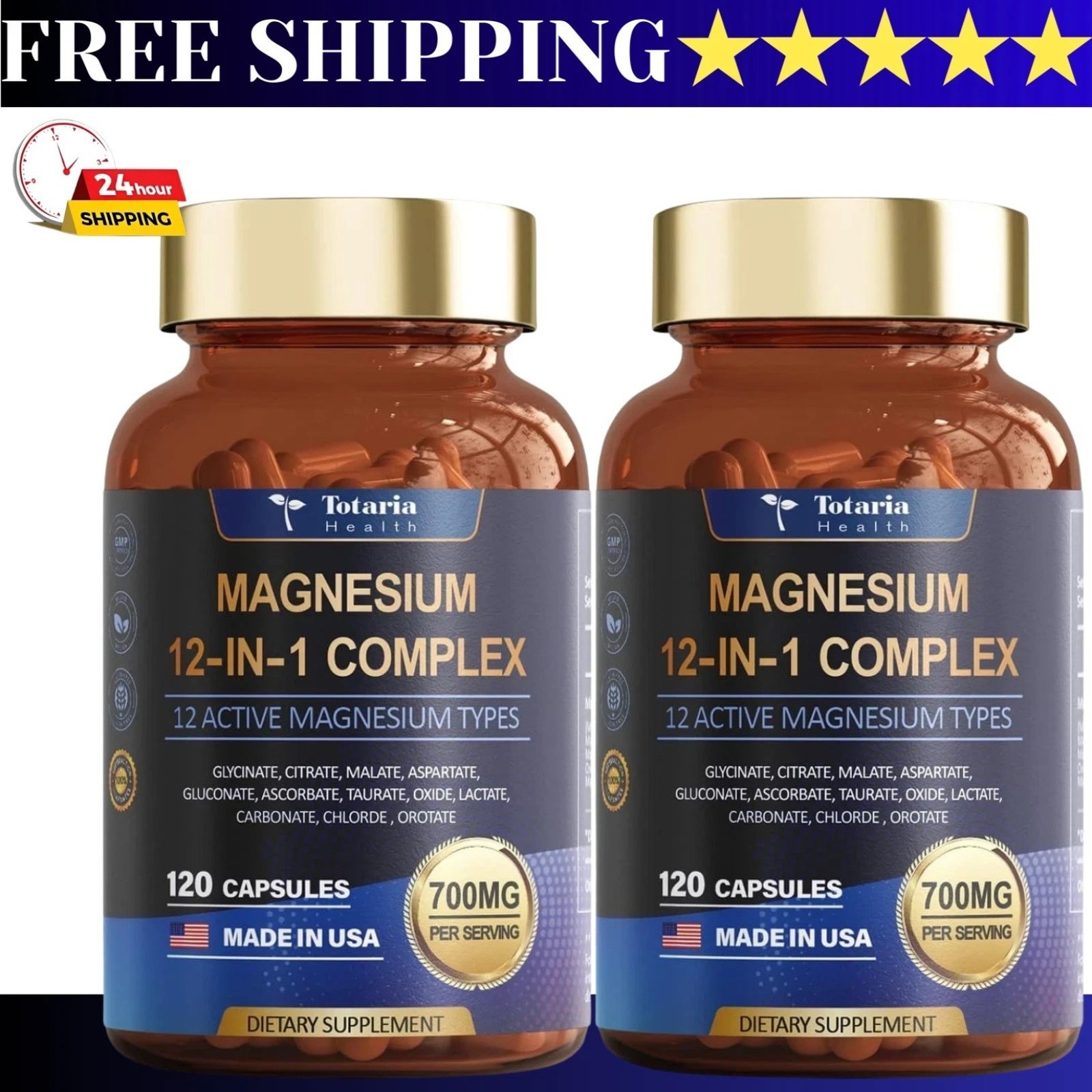 2-bottle Totaria Health Magnesium 12-in-1 Complex 700mg.Glycinate Citrate Malate 2-bottle Totaria Health Magnesium 12-in-1 Complex 700mg.Glycinate Citrate Malate