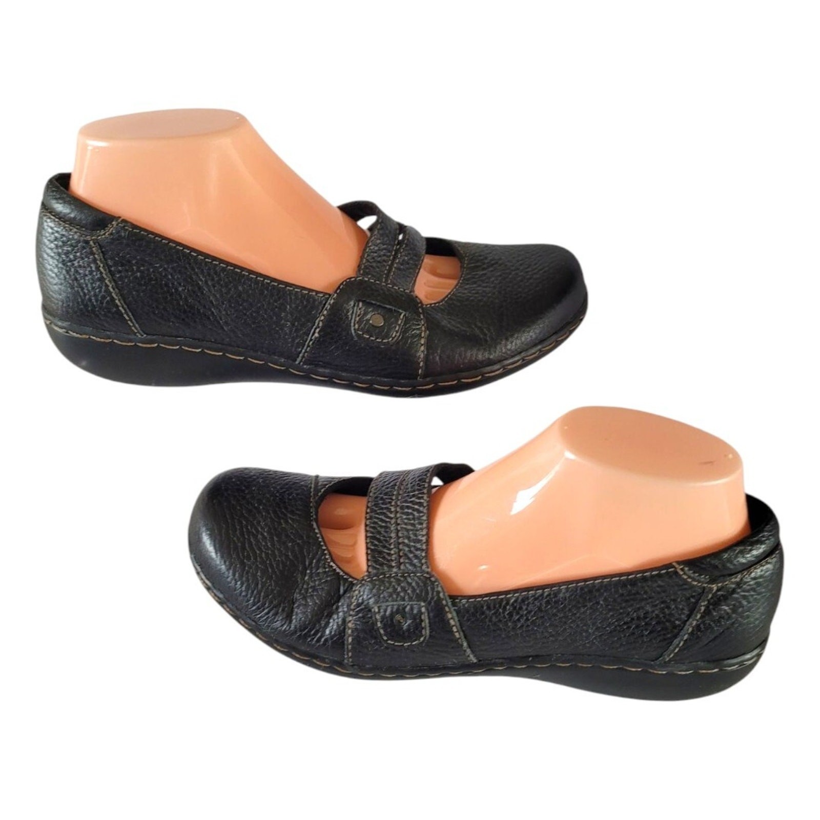 Clarks WMS 8.5M Shoes Flats Mary Black Brown Mary Jane Strap Slip On Comfort