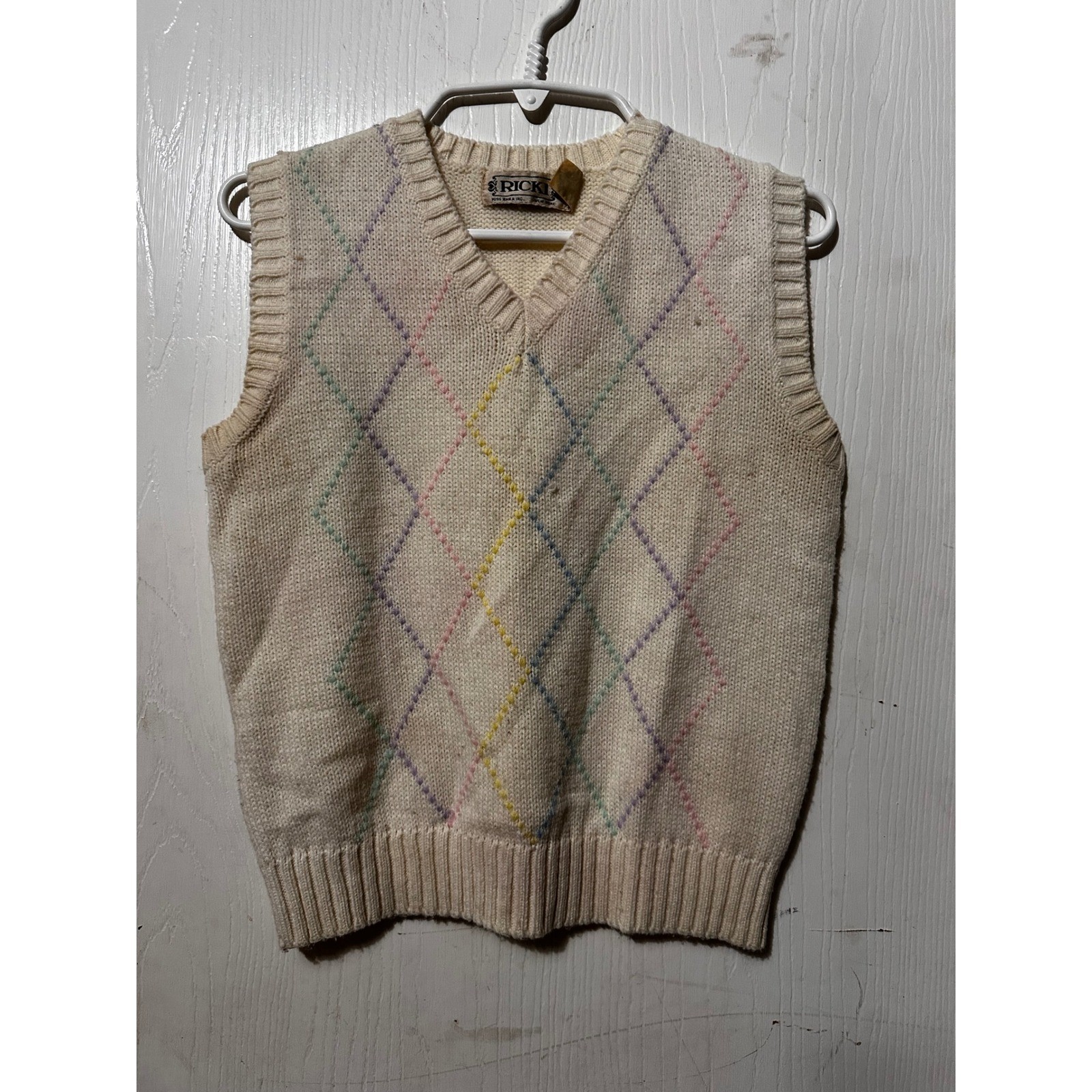 Vintage Ricki Miss Erika Argyle Sweater Vest Cream Pastel Knit V-Neck Acrylic