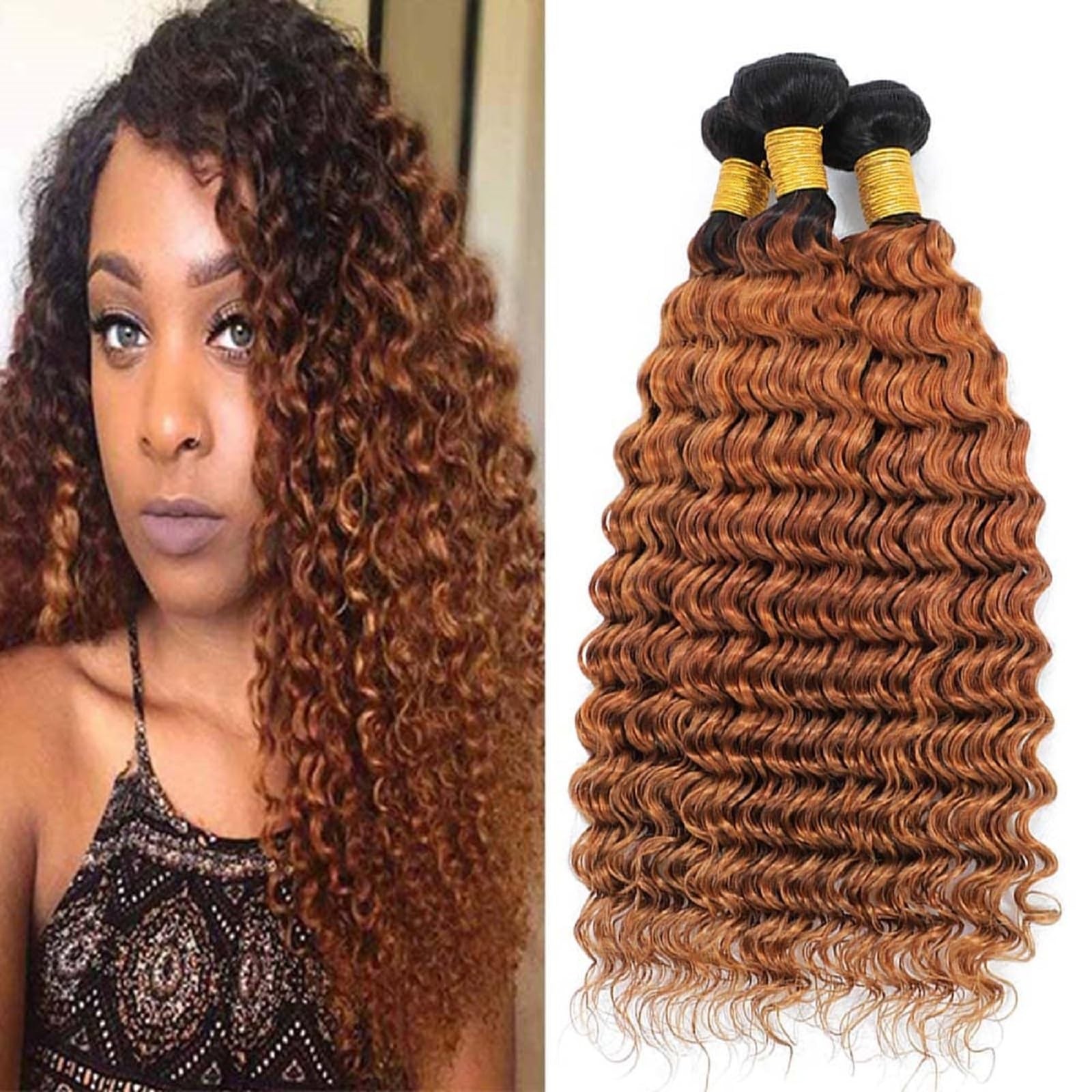 Leruikair Human Hair Bundles 12 14 16 Inch Deep Wave Brazilian T1B/30