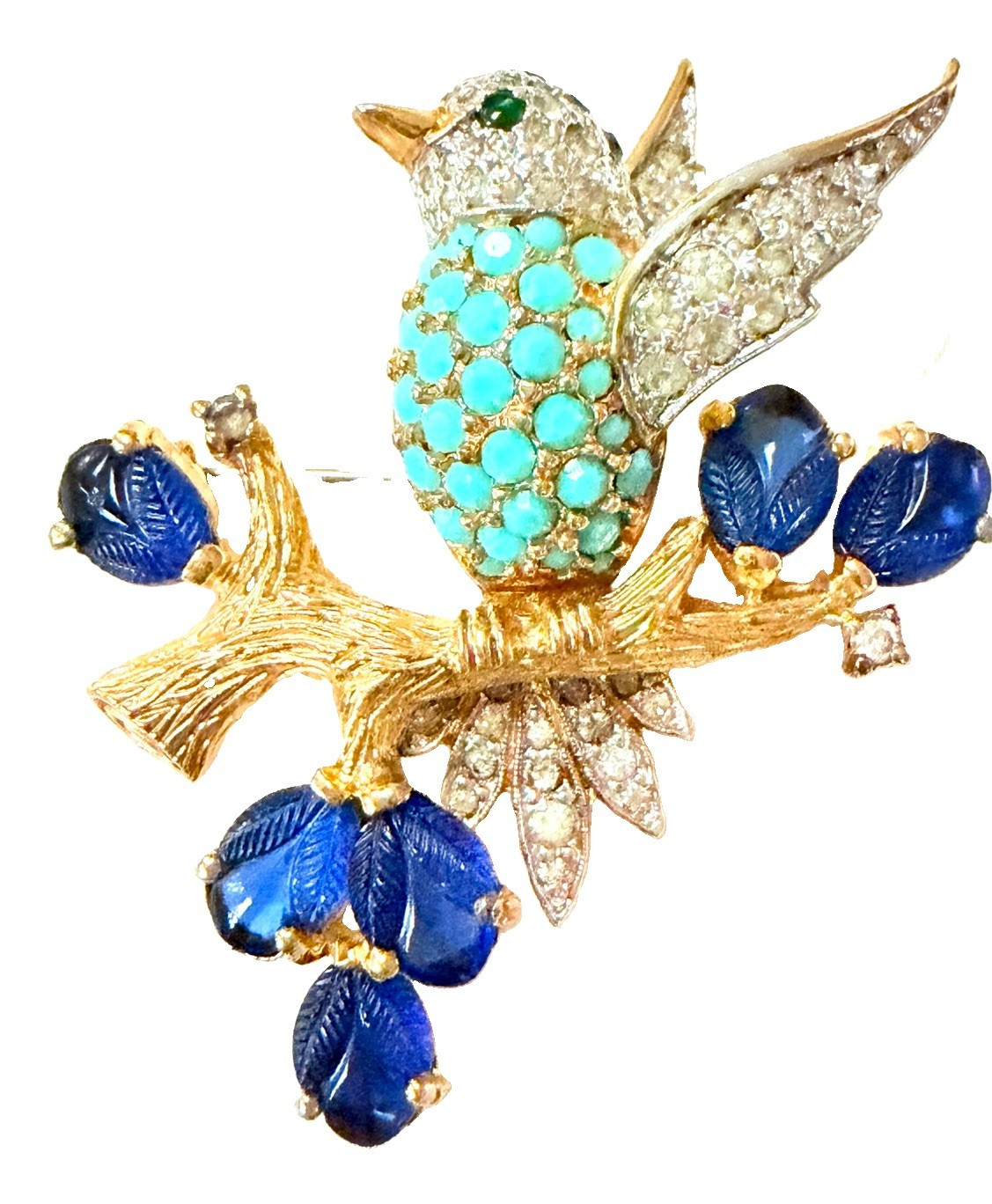 JOMAZ Joseph Mazer Vintage Blue Molded Fruit Salad Bird on Branch Brooch Pin 2\ JOMAZ Joseph Mazer Vintage Blue Molded Fruit Salad Bird on Branch Brooch Pin 2\