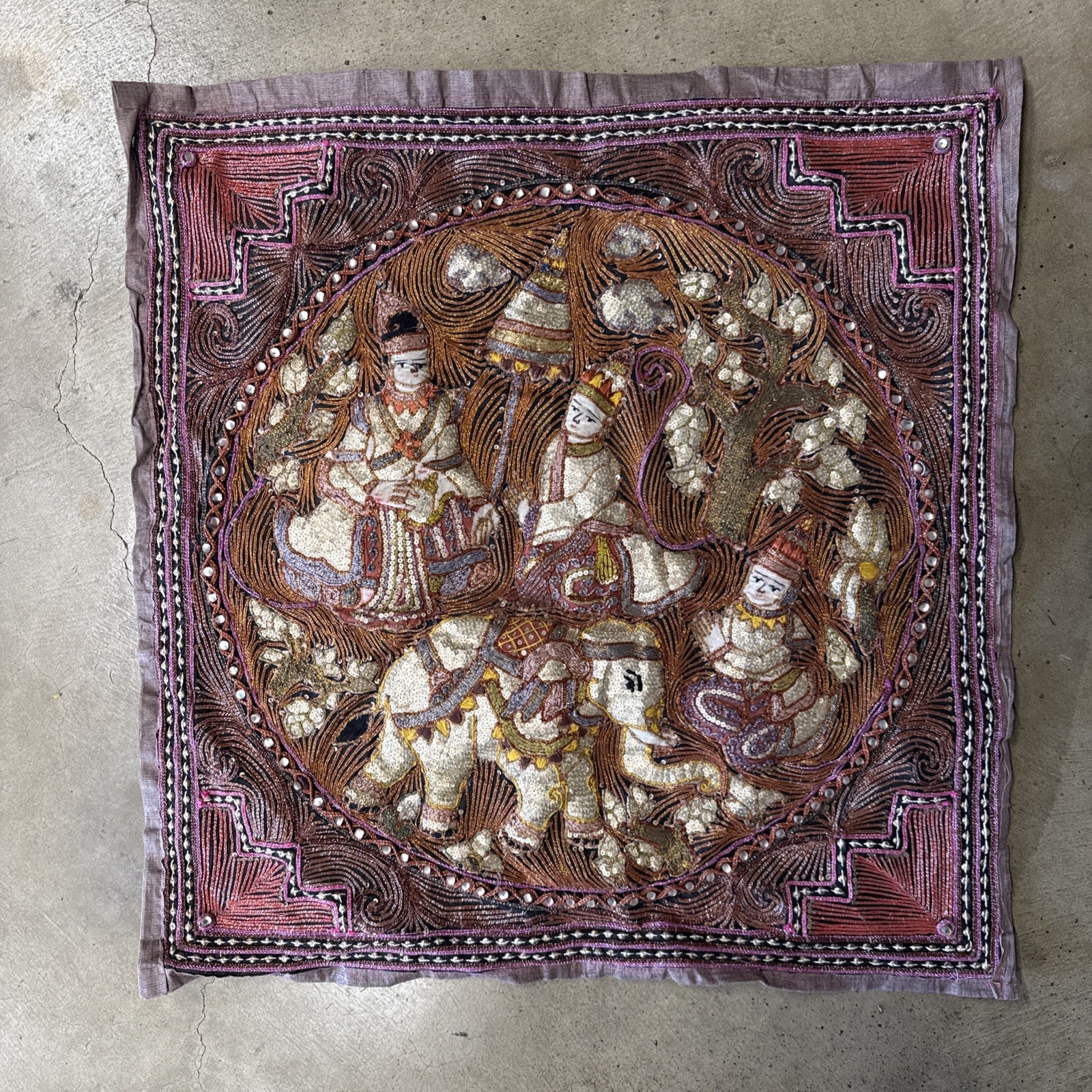 Vintage Burmese Thai Kalaga Elephant Raised Tapestry Jewels Sequins 25” x 26”
