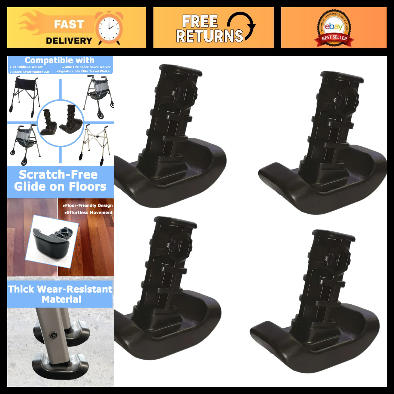 4 PCS Walker Ski Glides for EZ Fold-N-Go & Able Life Walkers, Durable Mobility A