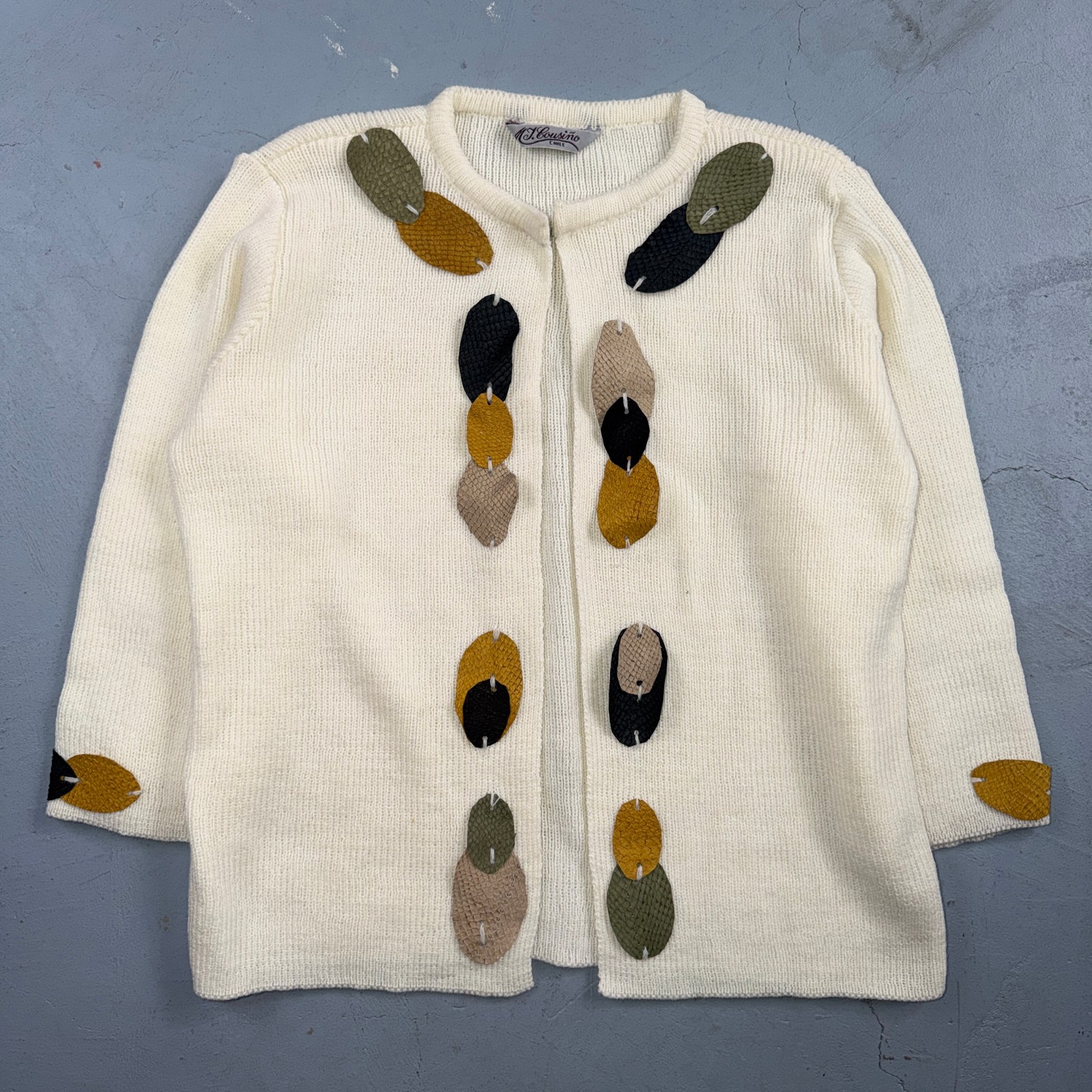 VTG 60s J. Cousino Cream Knit Hook And Eye Cardigan Multicolor Rockabilly Cowboy