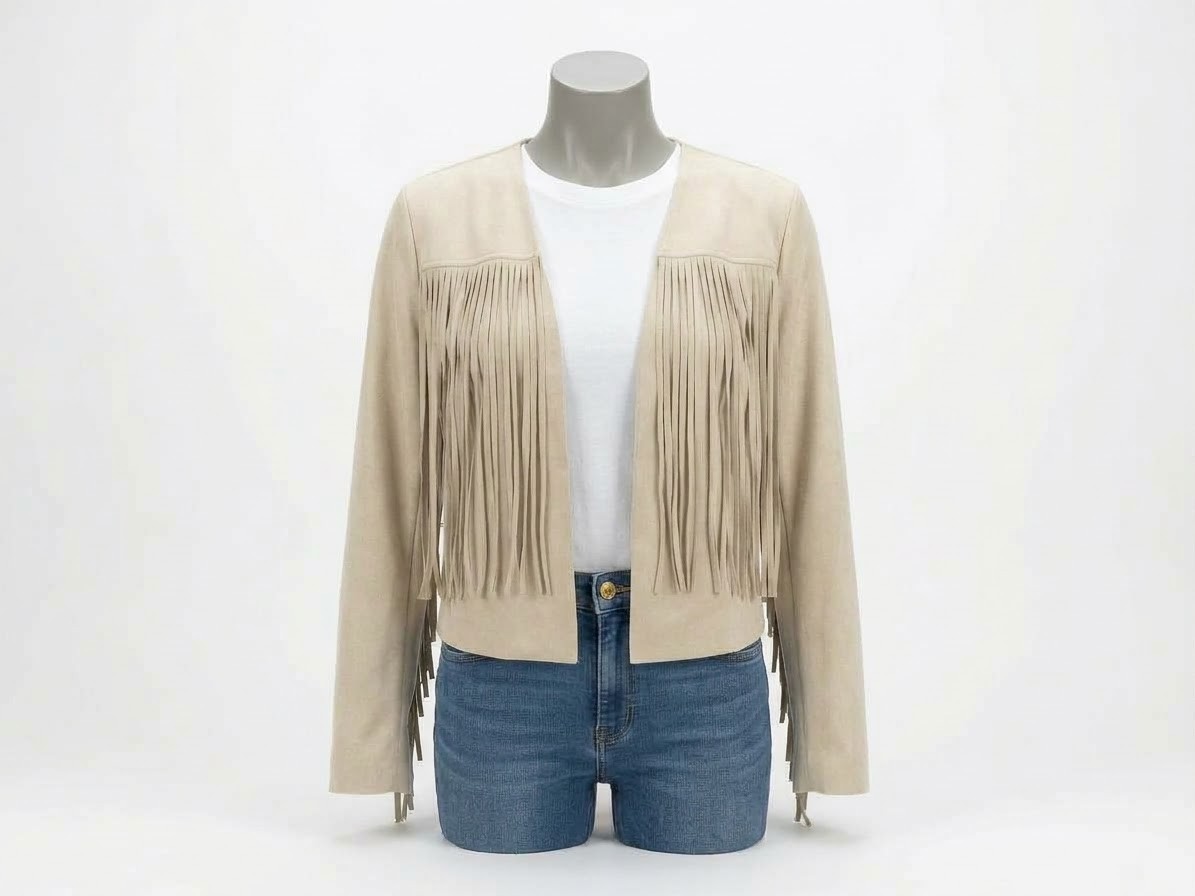 NWT Shyanne Western Cowgirl Crop Jacket Fringe Size Small Open Front Beige NWT Shyanne Western Cowgirl Crop Jacket Fringe Size Small Open Front Beige