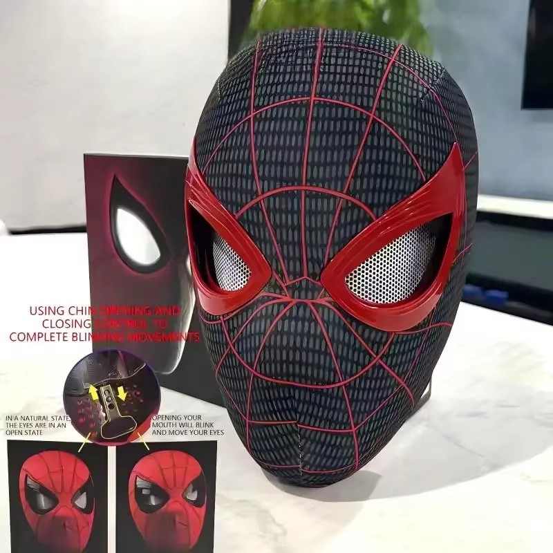 Spider Man Miles Morales Face Mask Moving Eyes Chin Control Costume Headwear Spider Man Miles Morales Face Mask Moving Eyes Chin Control Costume Headwear