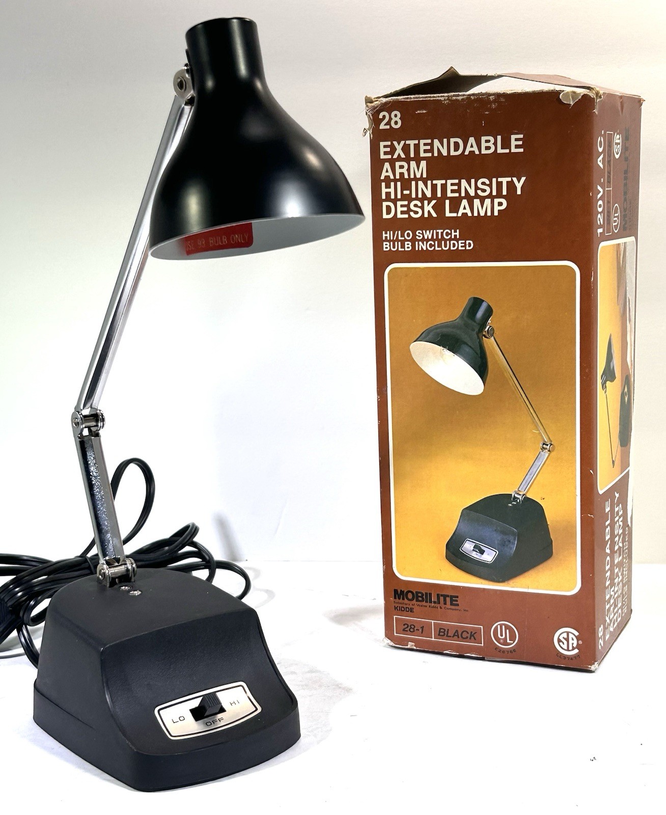 VTG 1979 Mobilite Articulating Black Industrial Desk Lamp • Hi / Low Switch VTG 1979 Mobilite Articulating Black Industrial Desk Lamp • Hi / Low Switch