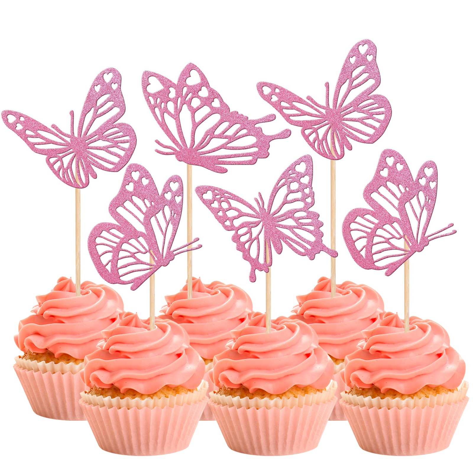 Rsstarxi 24 Pack Pink Glitter Butterfly Cupcake Toppers Glitter Assembled Hollow