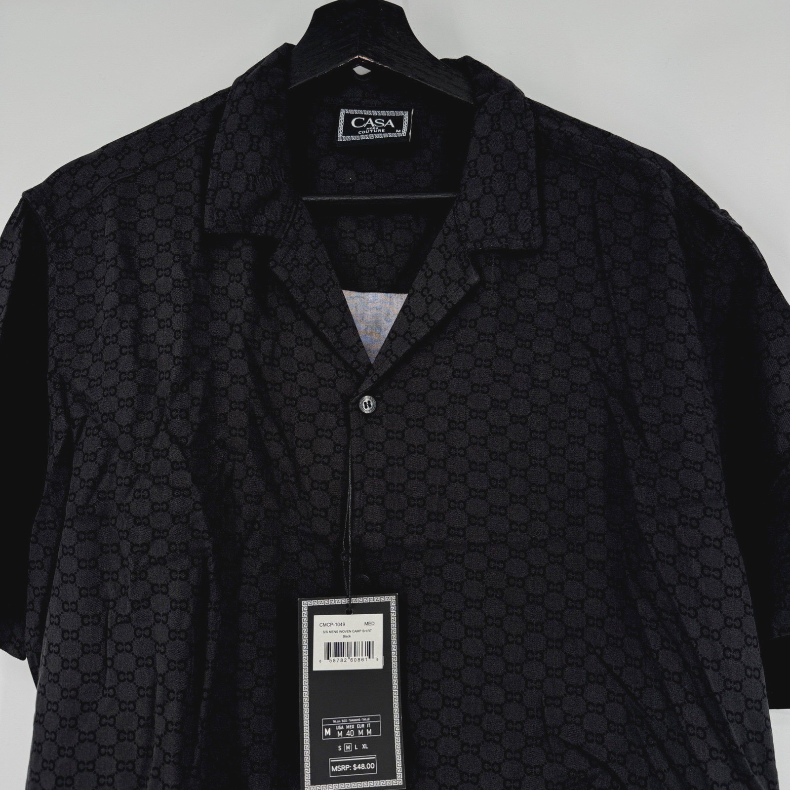 NEW Casa Moda Couture Mens Black Monogram Woven Camp Shirt Medium NWT