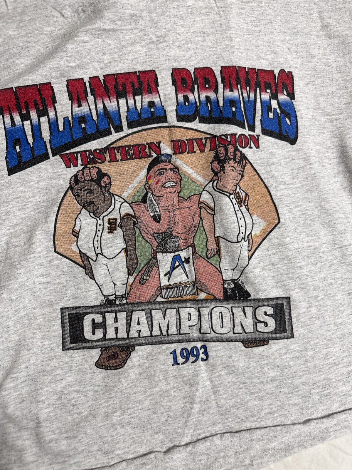 VTG 90s Atlanta Braves Champions Caricature T-Shirt Cropped Hanes USA Mens L