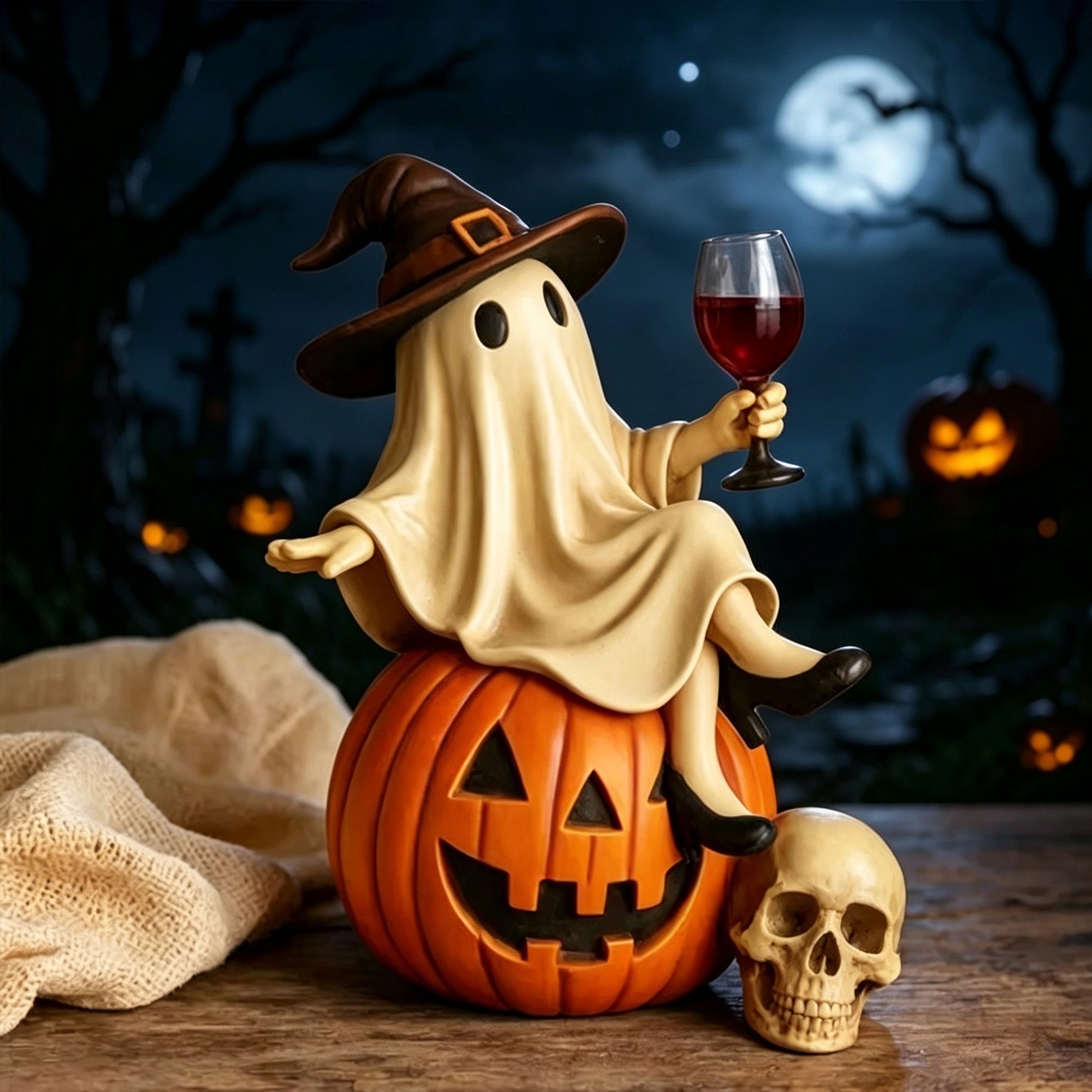 Ghost and Wine Halloween Decoration – Sitting on a Pumpkin – Home Decor