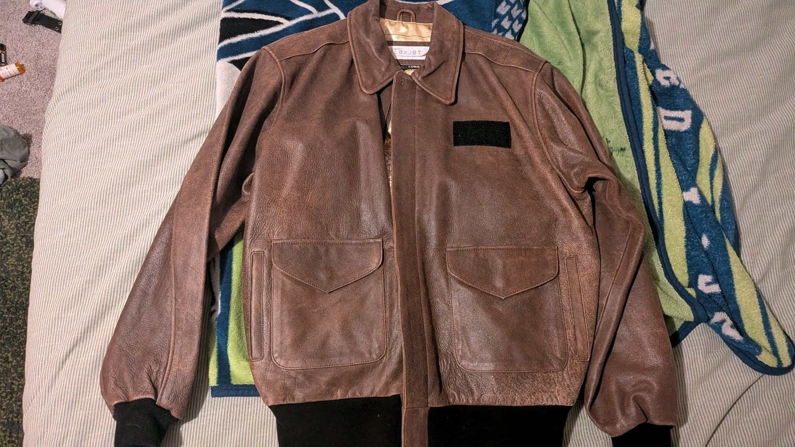 Flexjet Military Leather Bomber Jacket Large Long Vintage W/Atlas Lining Flexjet Military Leather Bomber Jacket Large Long Vintage W/Atlas Lining