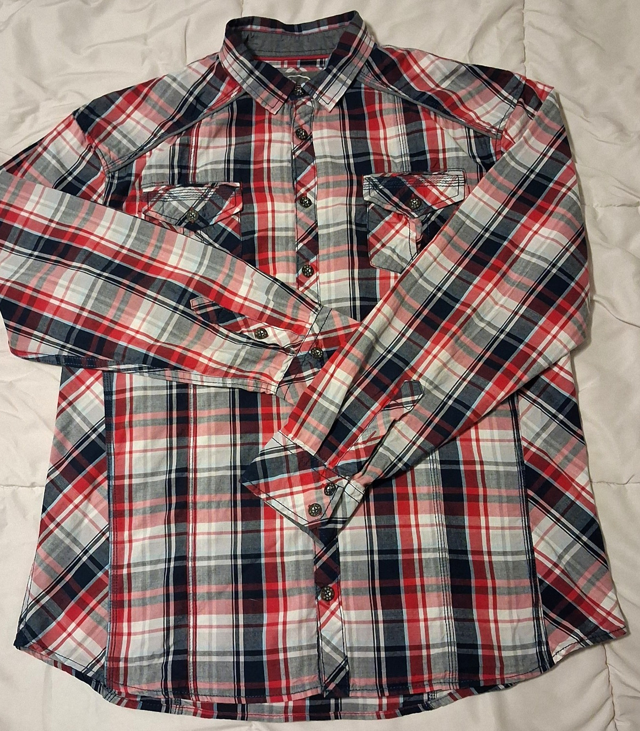 BKE Buckle plaid Red, White, & Blue Western button up relaxed fit shirt Size L BKE Buckle plaid Red, White, & Blue Western button up relaxed fit shirt Size L