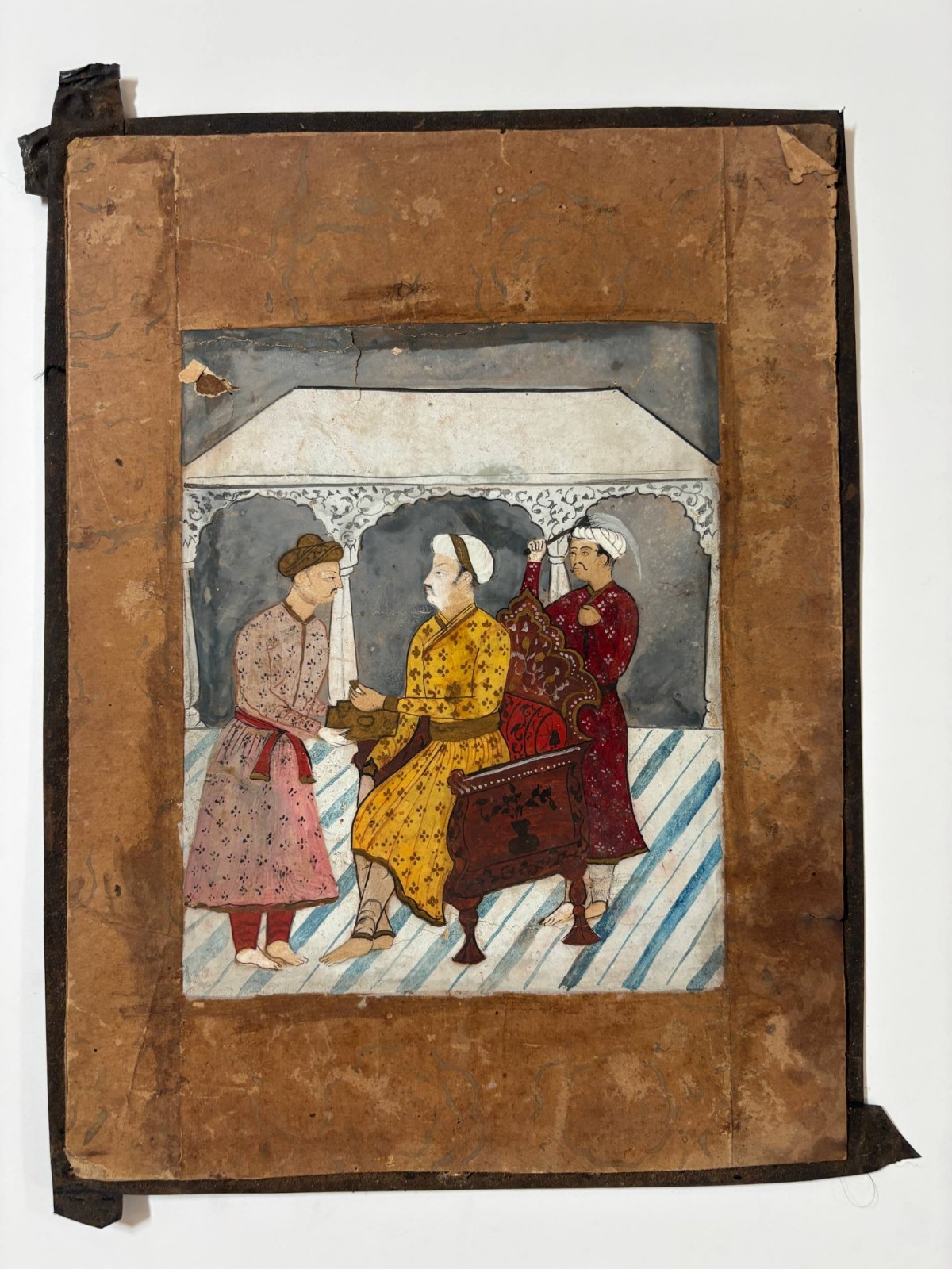 Antique Indian Mughal Miniature Painting Court Scene Nobleman Attendants Rare