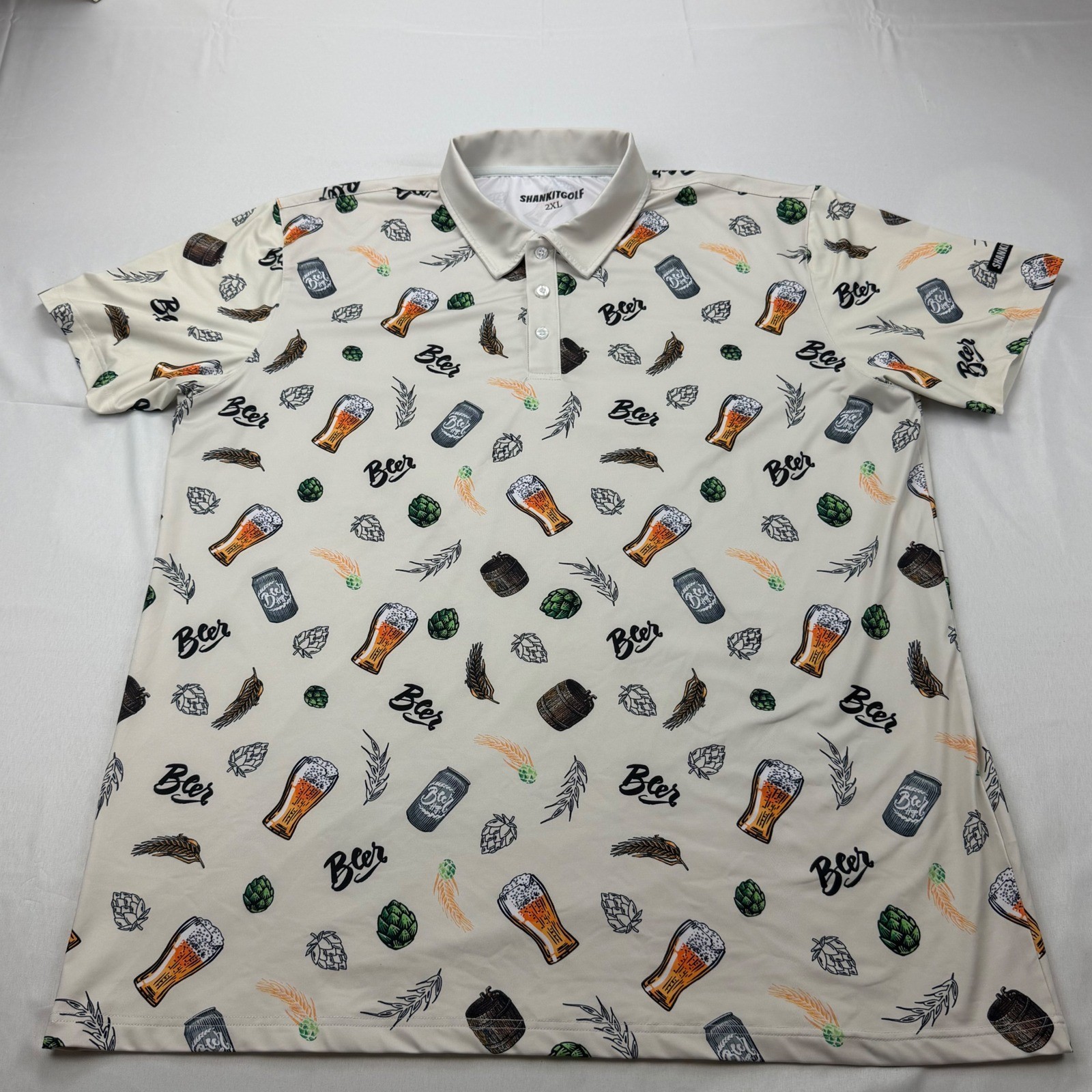 Shankitgolf Polo Shirt Mens 2XL Beige Beer Hops Print Short Sleeve Golf Tee
