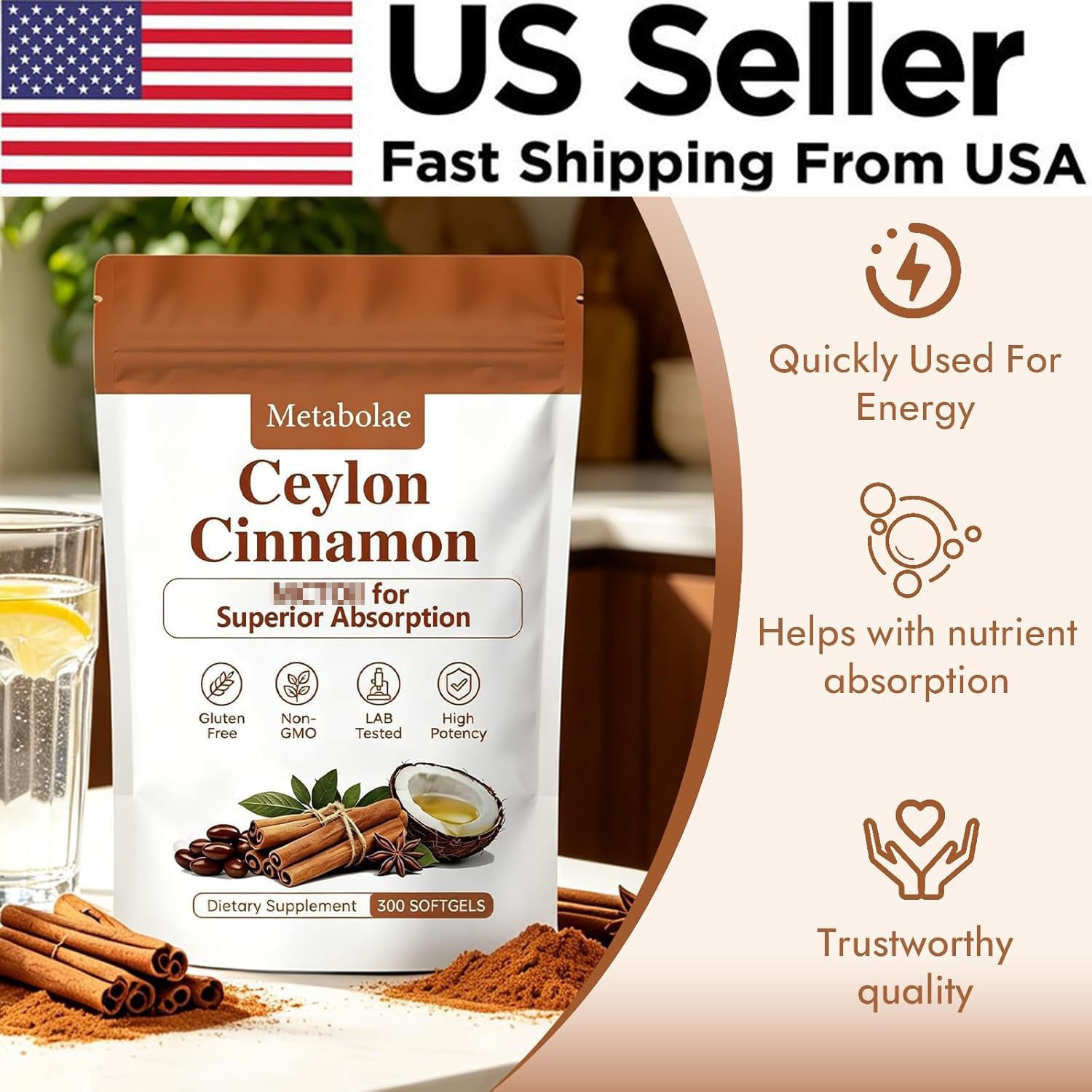 Metabolae Ceylon Cinnamon Capsules – 300 Softgels, Supports Metabolic Balance