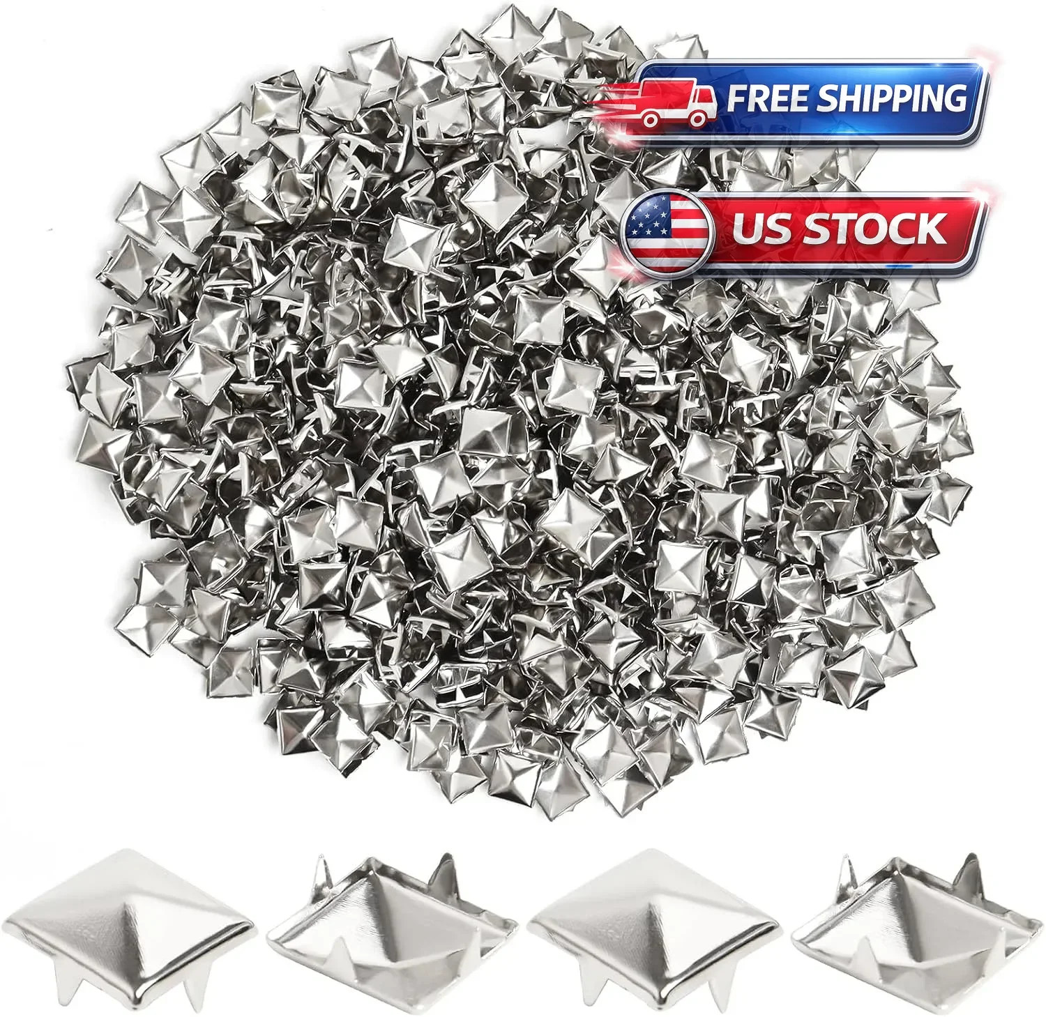 500PCS 10mm 4-Prong Square Spikes, Silver Metal Pyramid Studs for Crafts