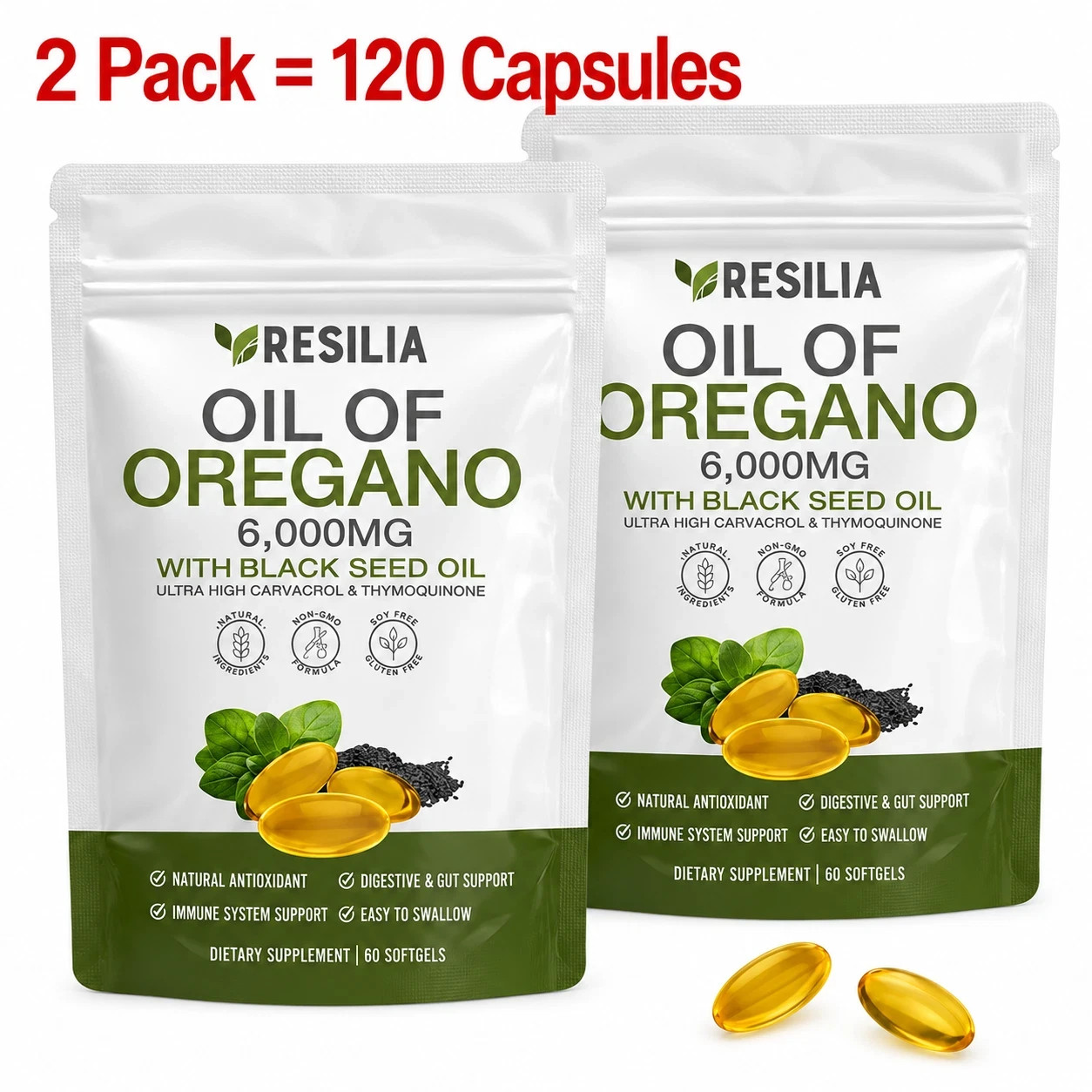 2 PACK Resilia Oil of Oregano 6000mg with Black Seed Oil Softgels