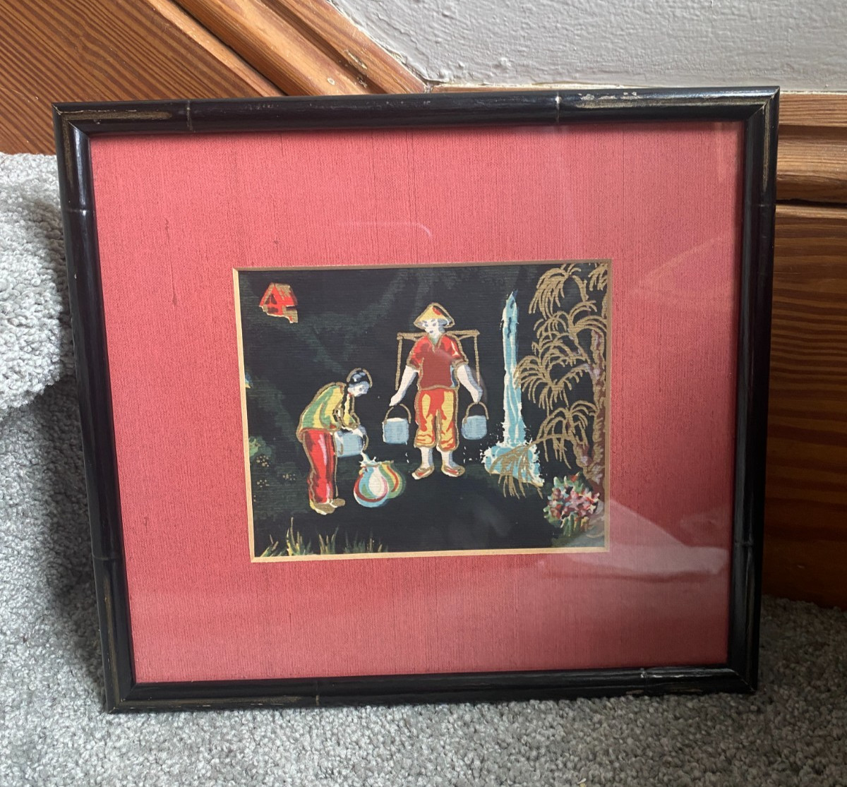 Vintage 1970s Asian Mixed Media Folk Art Panel 