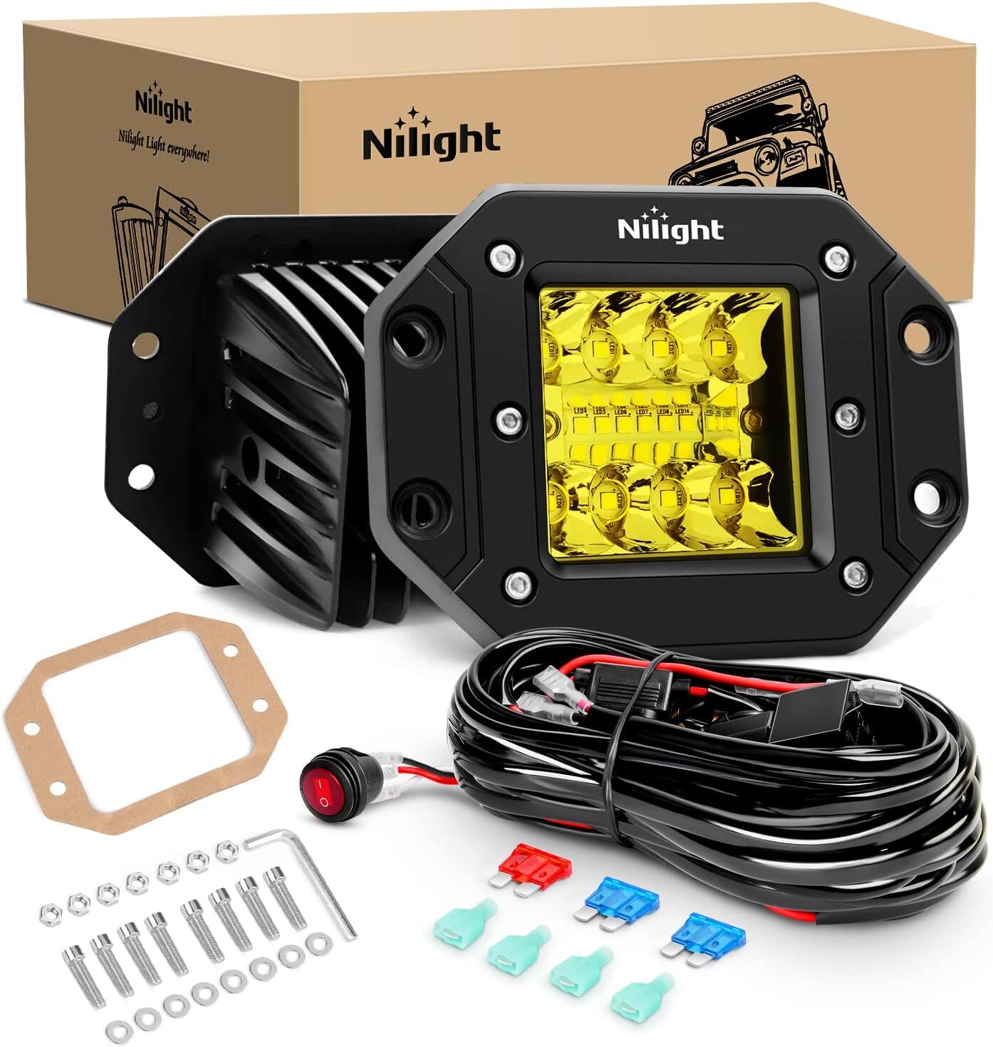 Nilight 2PCS 42W Flush Mount Amber LED Light Pods Upgraded Combo Beam Light