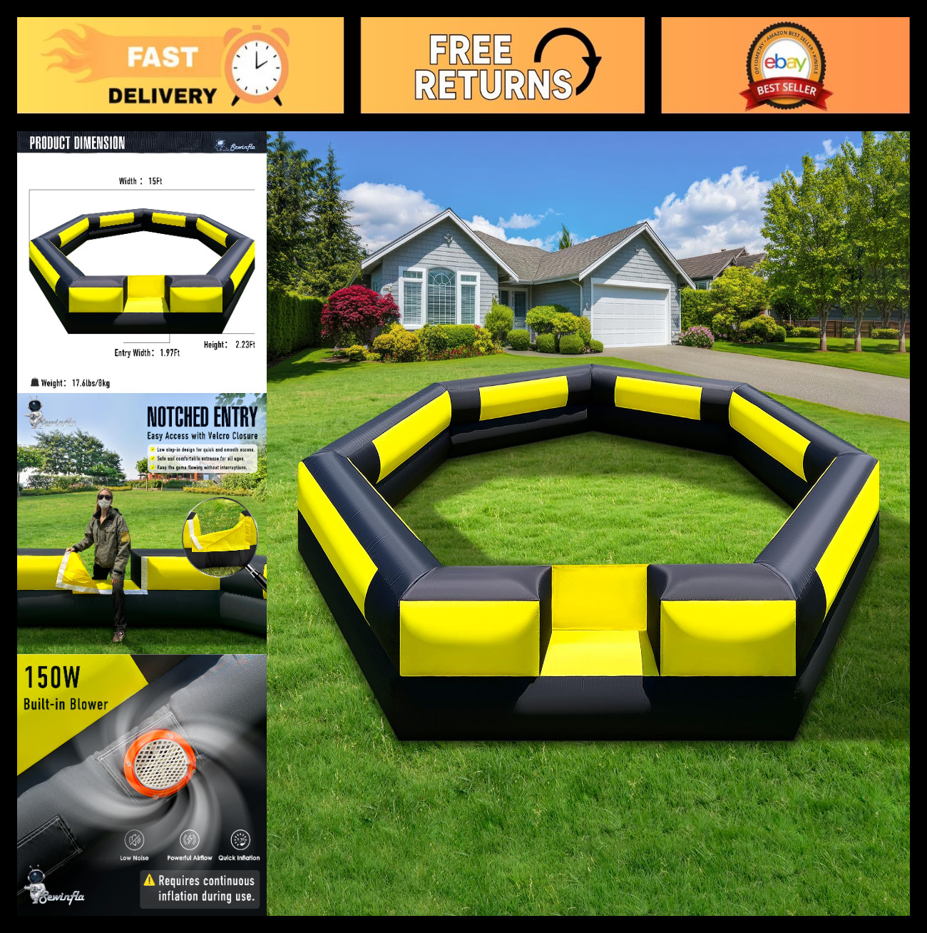 15Ft Inflatable Gaga Ball Pit with Blower - Portable Indoor/Outdoor Game for Fam 15Ft Inflatable Gaga Ball Pit with Blower - Portable Indoor/Outdoor Game for Fam