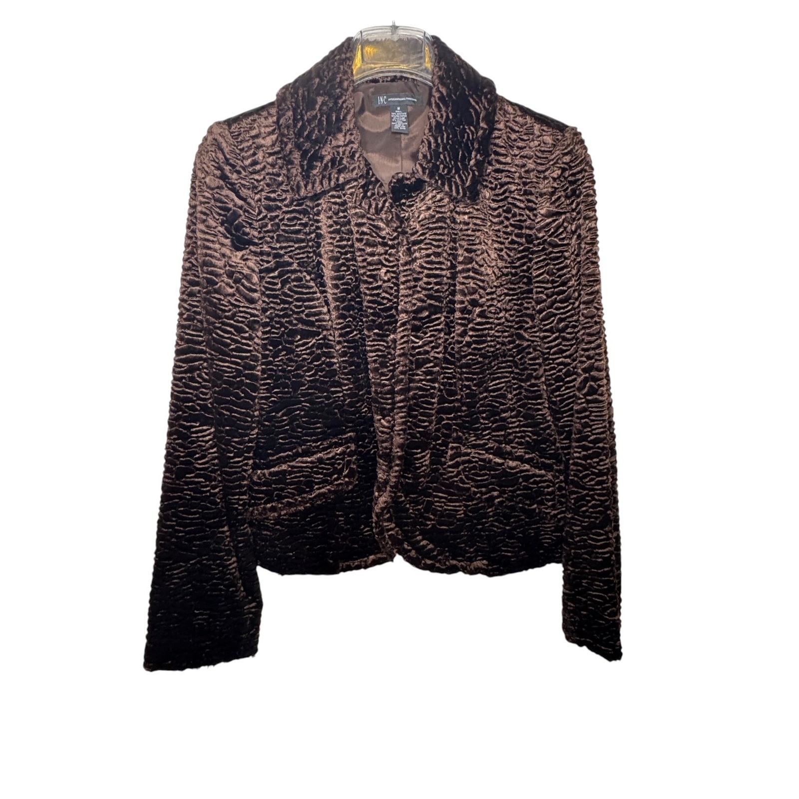 INC International Concepts Brown Faux Fur Jacket Women M Rhinestone Mob Wife NWT
