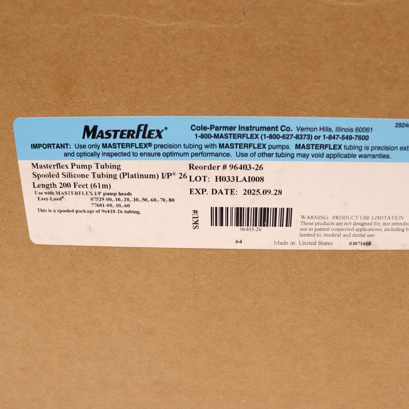 Masterflex Precision Peristaltic Pump Tubing I/P 26 73 82