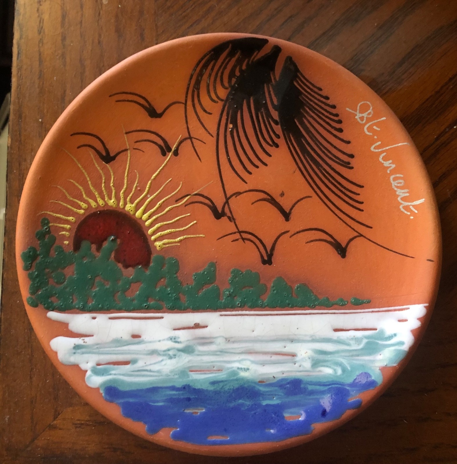 Vtg St. Vincent Hand Painted Terracotta Plate Souvenir Caribbean Folk Art Sign