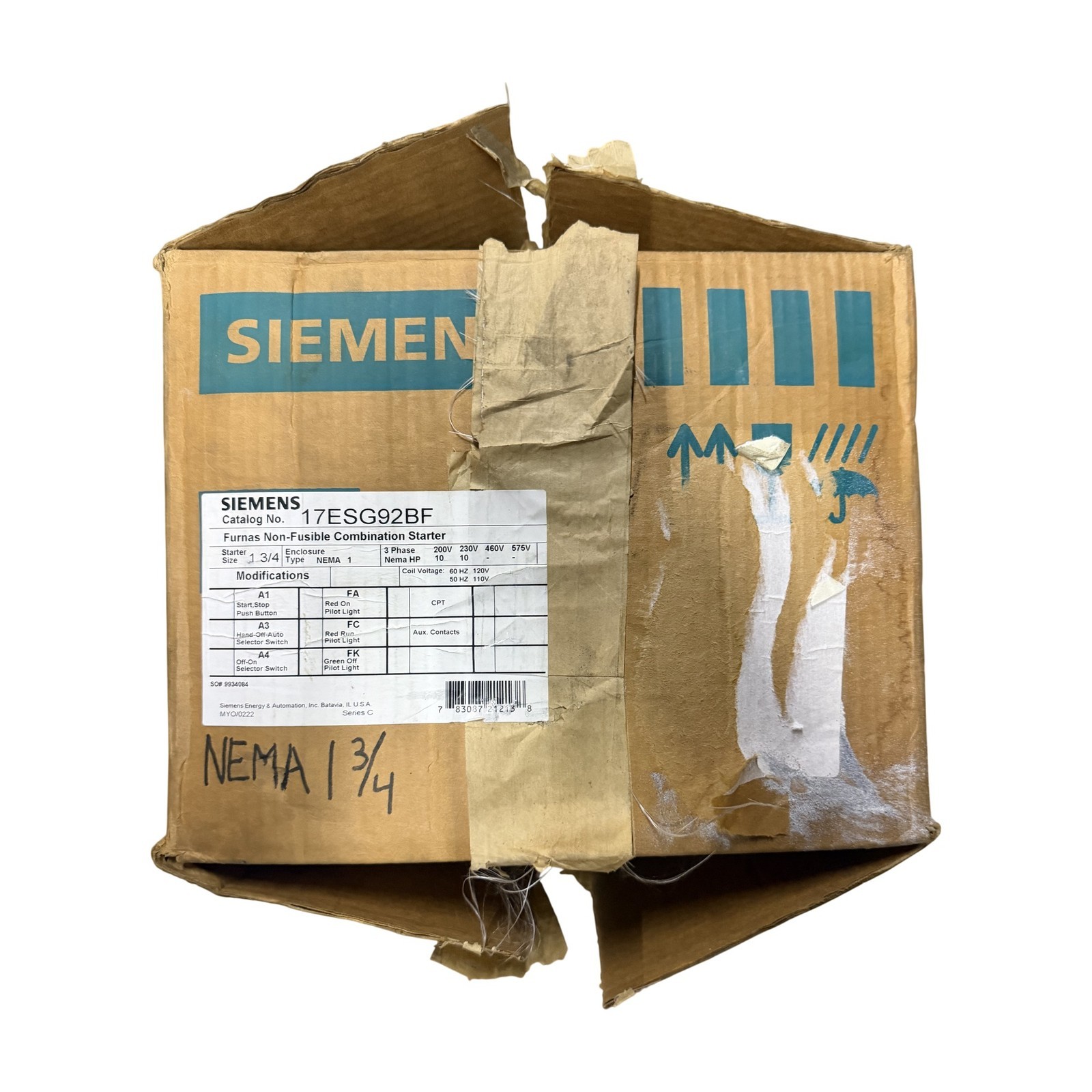 Siemens 17ESG92BF Furnas Non-Fusible Combination Starter NEMA 1 Size 1-3/4 3Ph