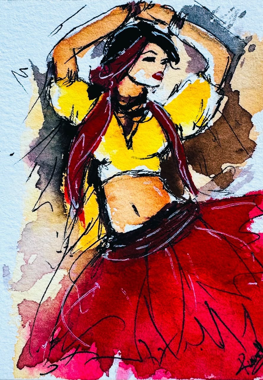 ACEO Watercolor Painting Woman in Red Skirt Yellow Top Fashion Figure Art Modern