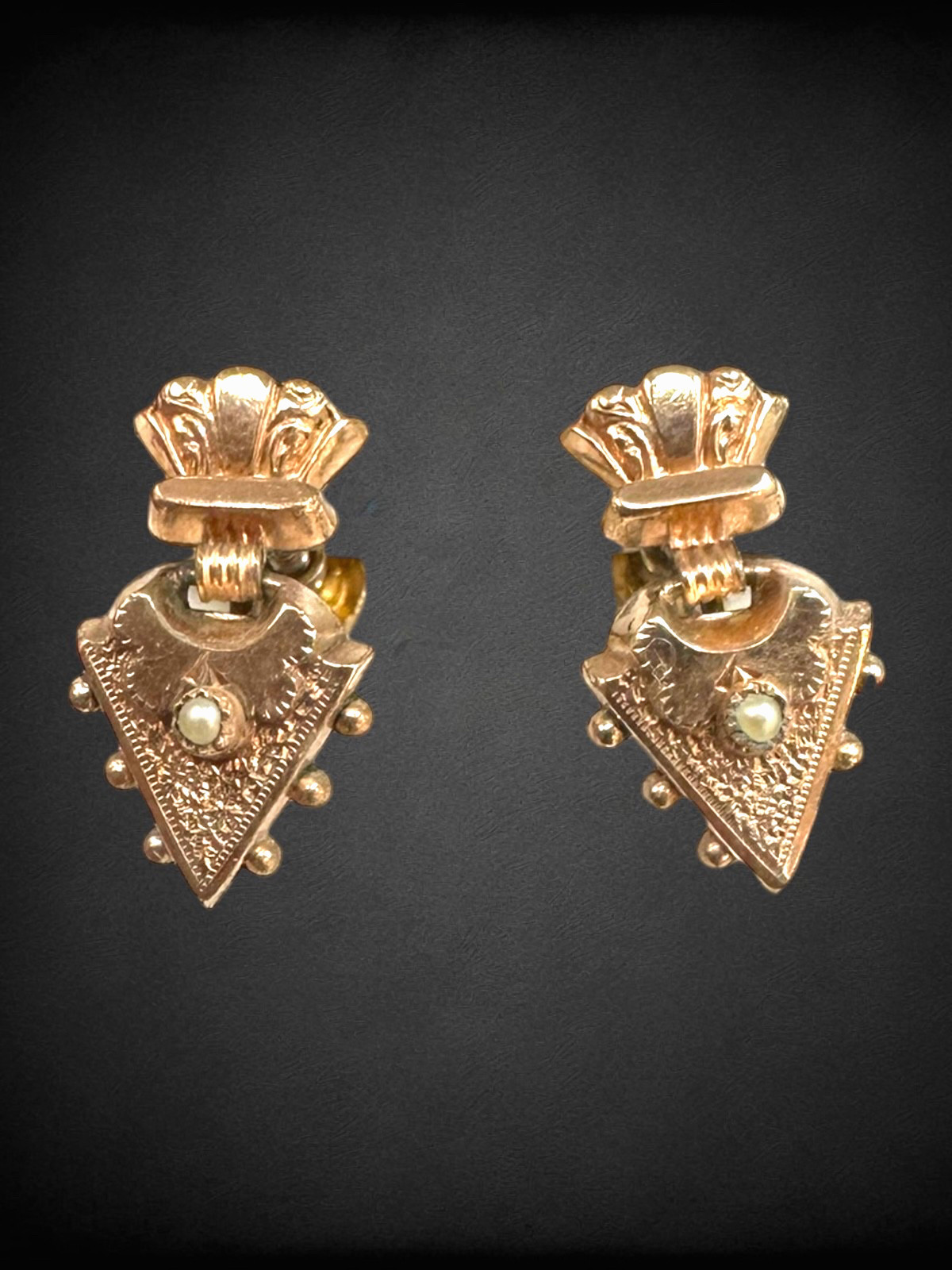 Antique Victorian 9K Gold Etruscan Revival Seed Pearl Drop Earrings Screw Back