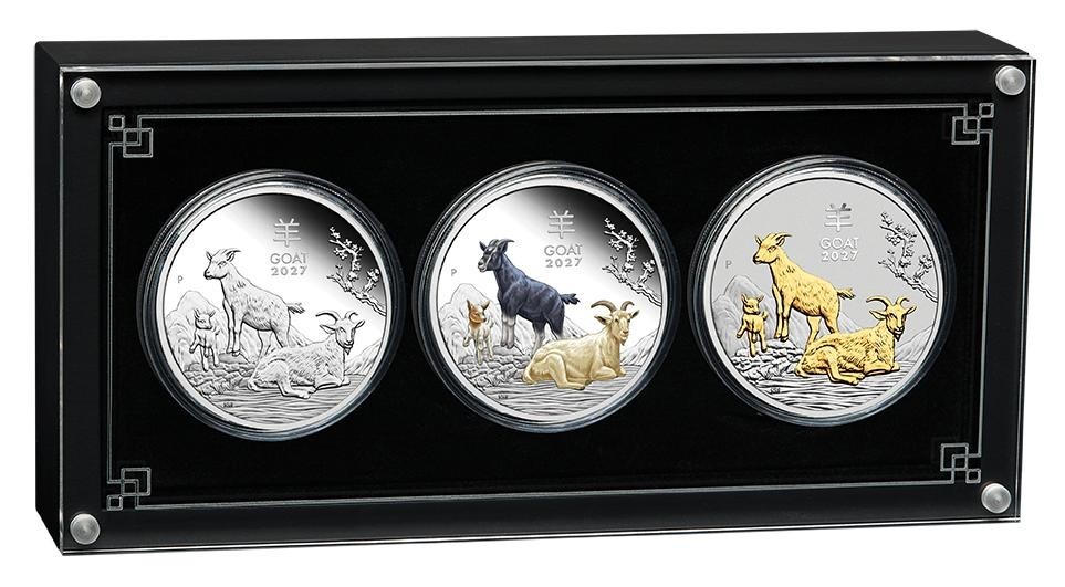 2027 LUNAR SERIES-3 YEAR OF THE Goat 1oz SILVER TRIO $1 3-coin Set 3oz-total