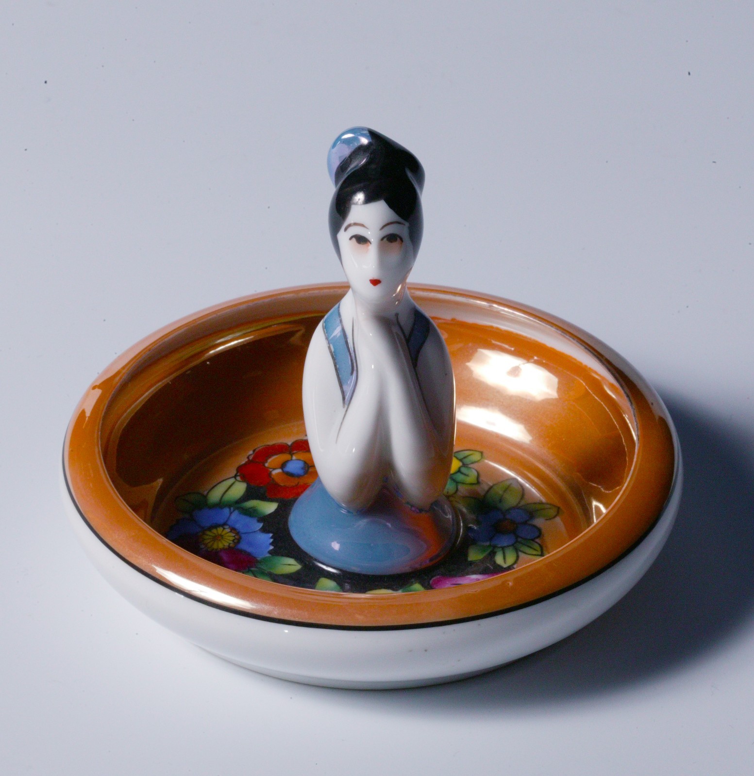 Noritake Deco - Vintage Firgural Lady Trinket / Pin Dish - Tan Luster w/Flowers