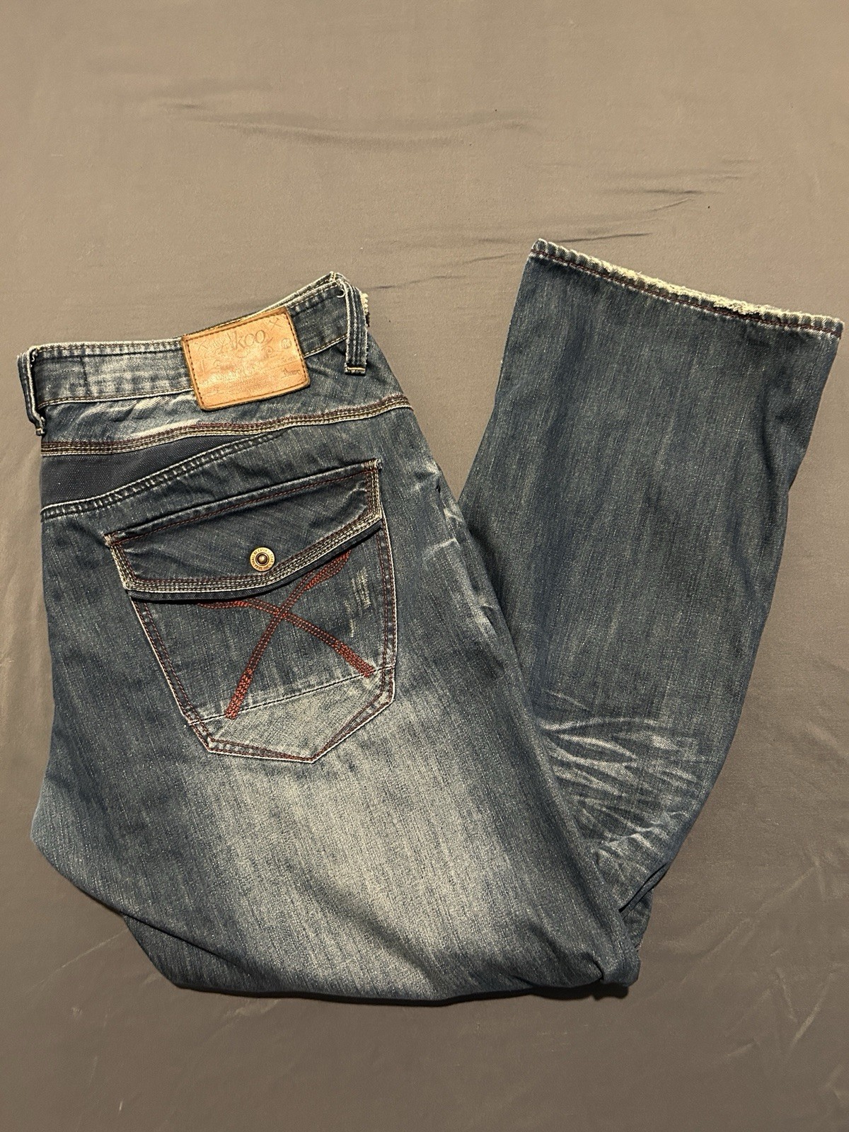 Vintage Akoo Jeans Mens 42x33 Blue Distressed Acid Washed Denim Straight Leg Y2K