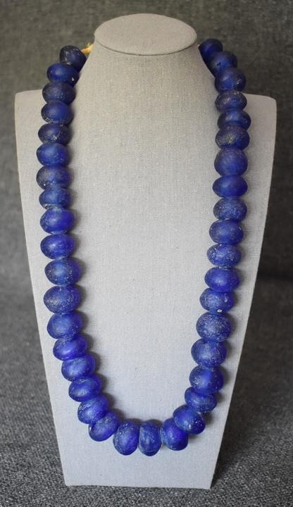 GORGEOUS STRING OF 39 AFRICAN ROYAL BLUE COBALT BLUE GLASS BEADS ON RAFFIA CORD