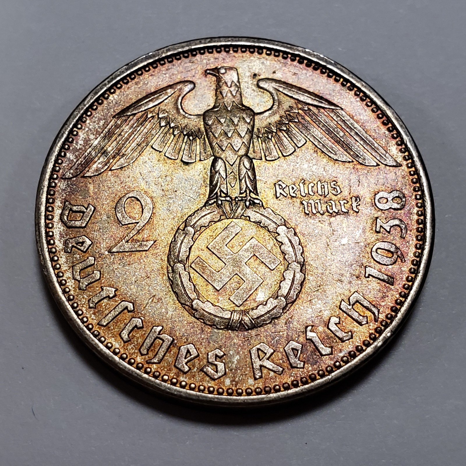 1938-A German Third Reich 2 Mark .1608 ASW UNC - KM93 - Rainbow Toning - Q4577