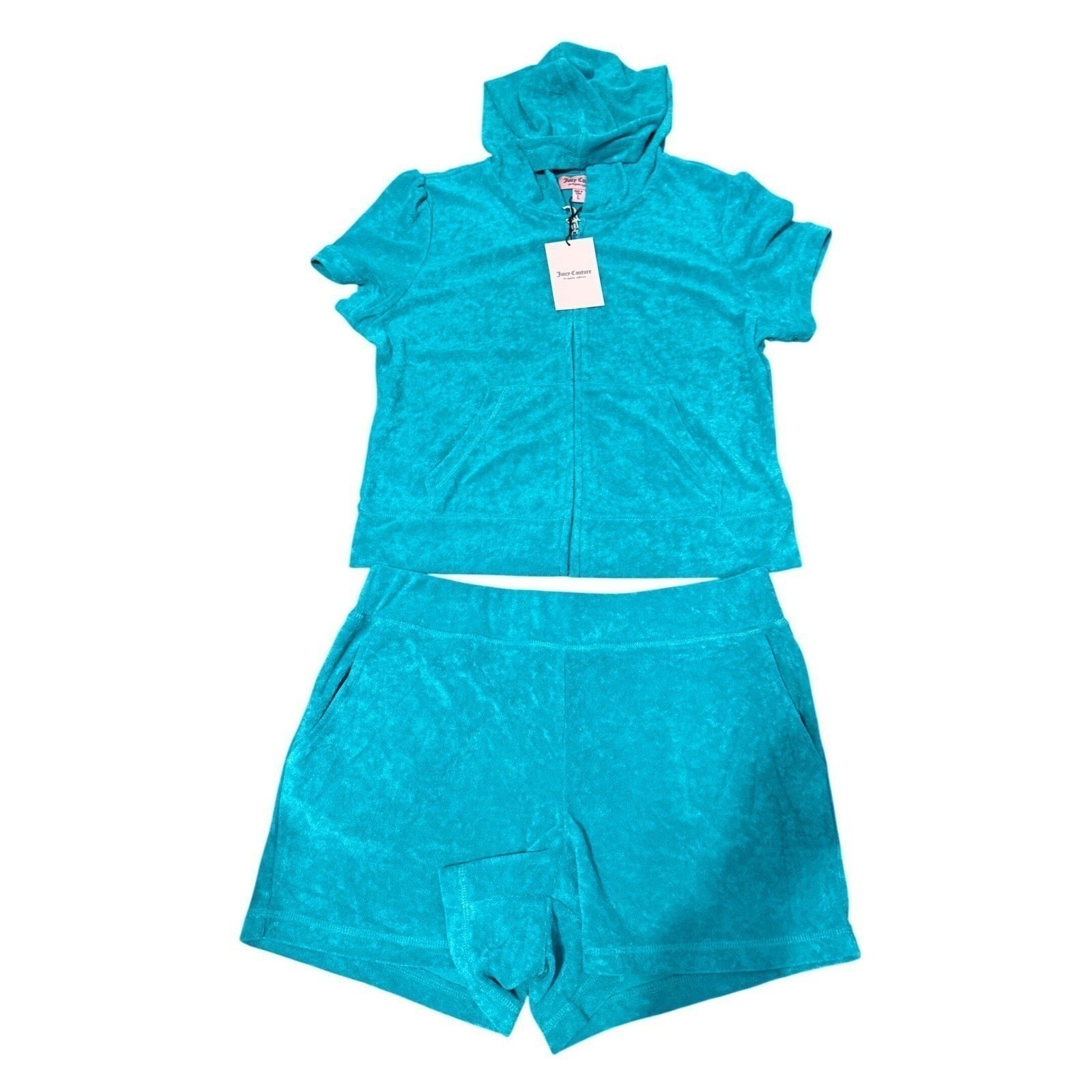 Juicy Couture Terry Cloth Hoodie Shorts Set Turquoise Rhinestone Logo Size L New