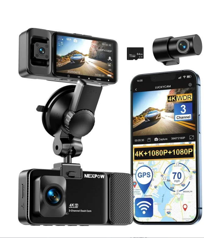4K 3 Channel Dash Cam Front Rear Cabin, STARVIS Night Vision(Included 64G Card) 4K 3 Channel Dash Cam Front Rear Cabin, STARVIS Night Vision(Included 64G Card)