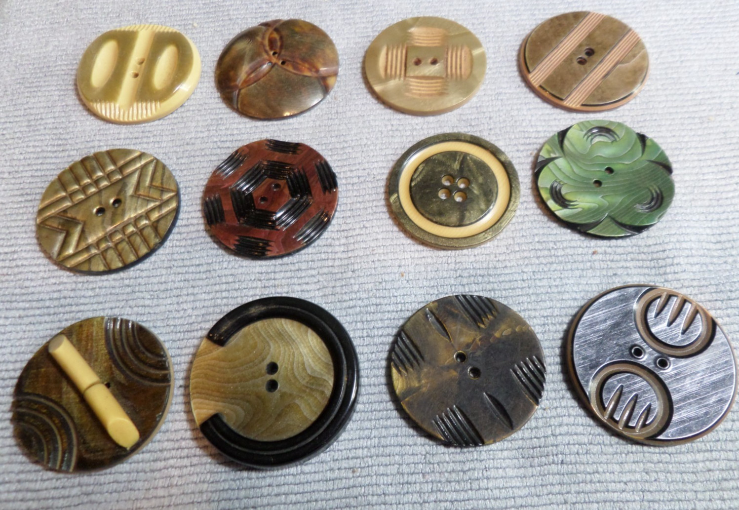 12 Vintage Celluloid Wafer Thin Carved Buttons VARIOUS PATTERNS COLORS