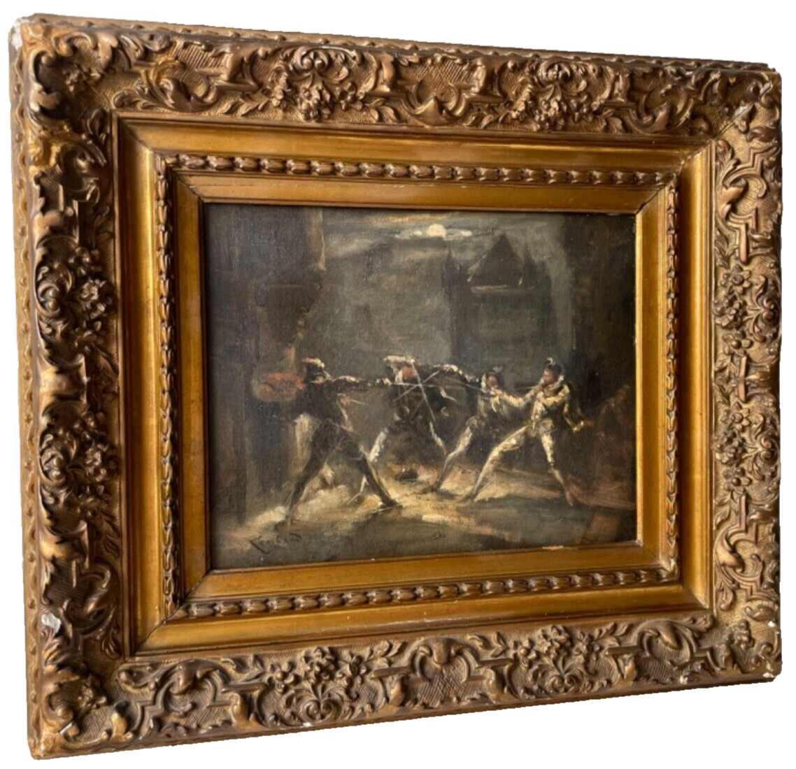 MUSKETEER DUEL BY MOONLIGHT - ANTIQUE OIL PAINTING 19th CENTURY - SIGNED LOMBARD