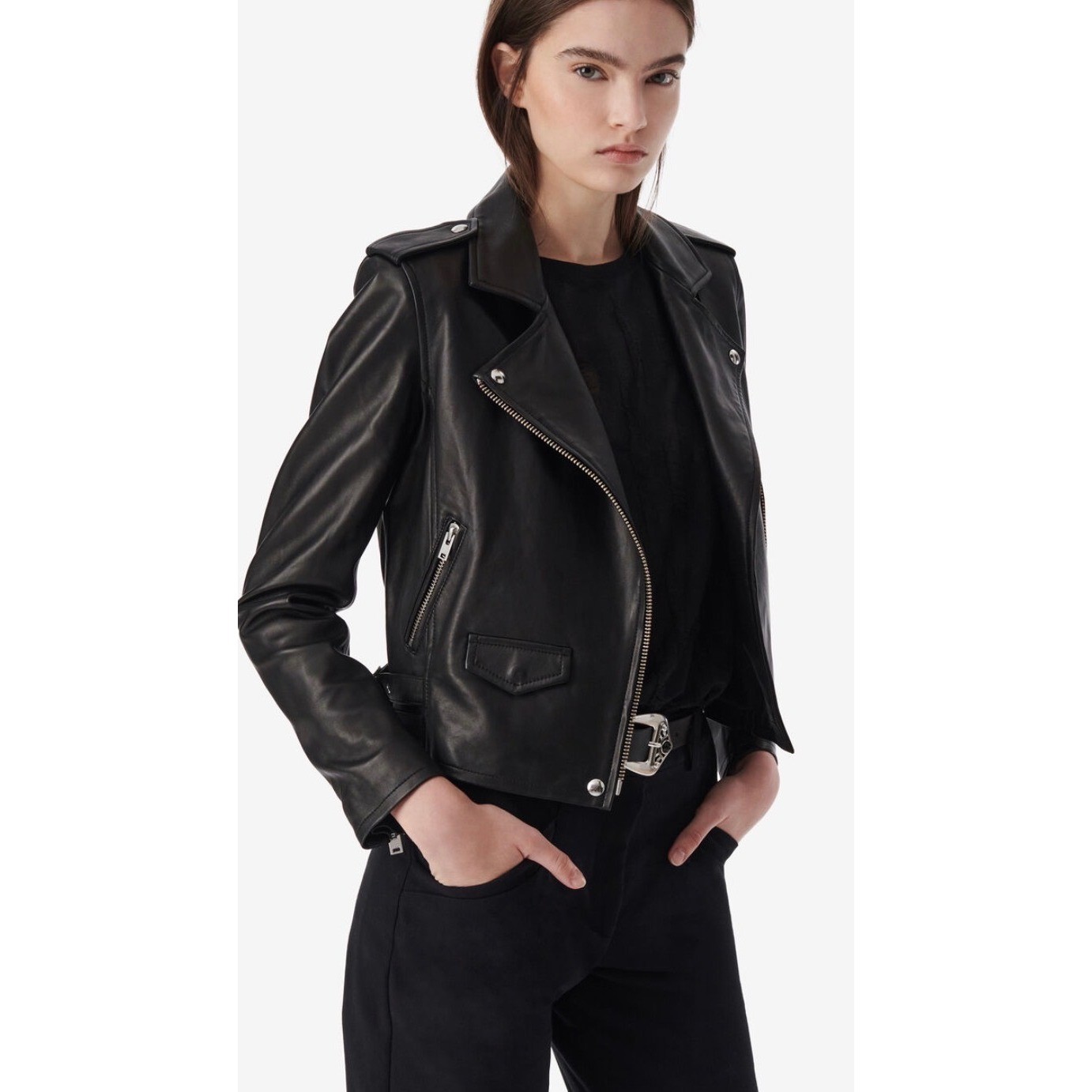 IRO Black Leather Moto Jacket Silver Zippers Belted Waist Women\'s Size 42