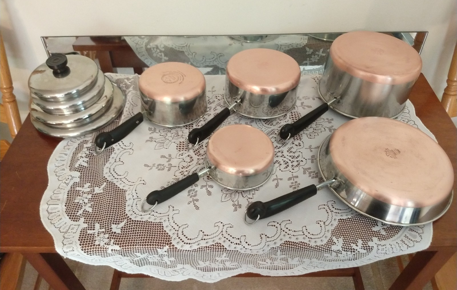 Vtg 1801 Revere Ware 9pcs Copper Bottom Pots 3/4qt, 1.5qt,2qt, 4qt, 10in skillet